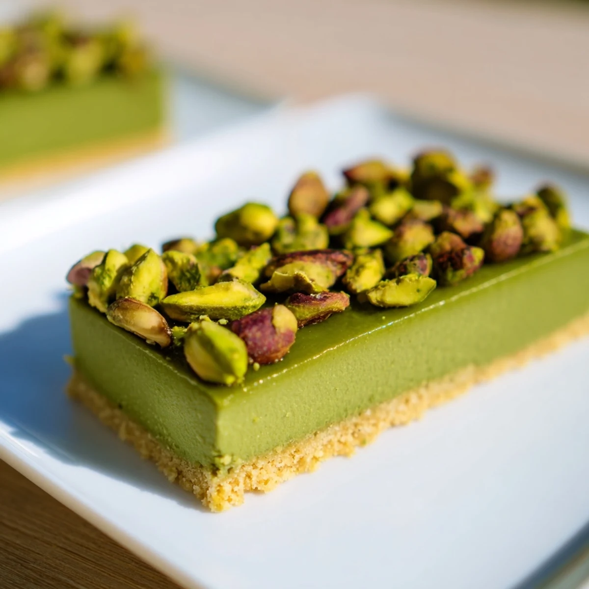 Golden-brown Cozy Green Bars with vibrant green matcha filling, studded with chopped pistachios, arranged on a rustic wooden serving tray.  