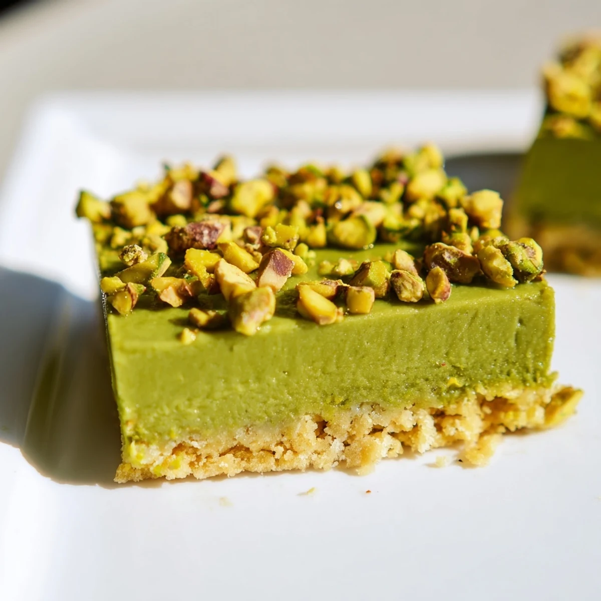 Freshly baked Cozy Green Bars with a tender shortbread crust and glossy matcha topping, served warm with a dusting of powdered sugar.