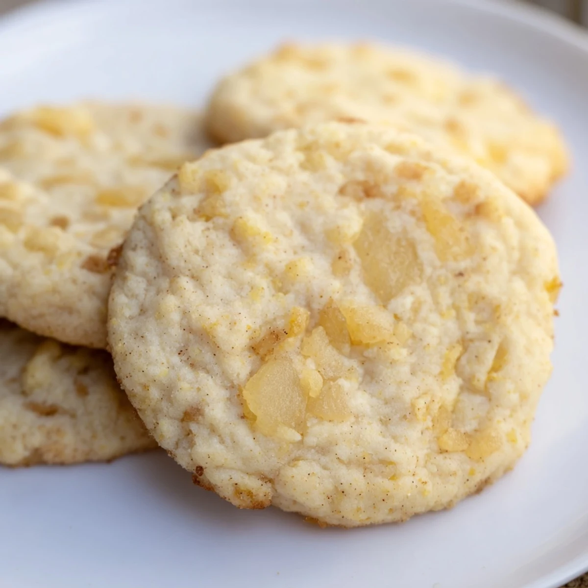 Golden Bright Pear Cookies arranged on a cooling rack with soft edges and visible pear chunks, ready for afternoon tea.