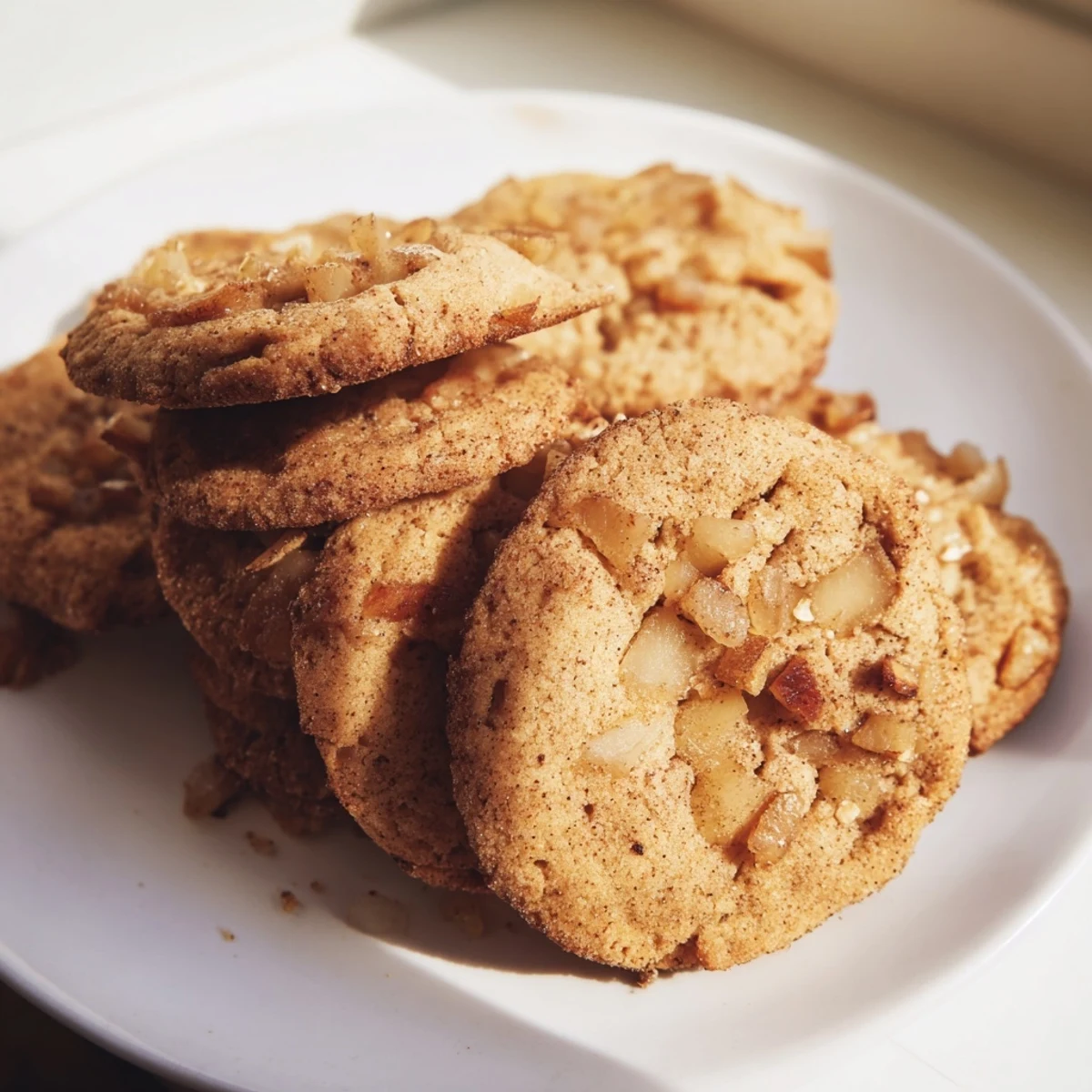 Freshly baked Bright Pear Cookies on a wooden board, their buttery crumb and cinnamon aroma perfect for a cozy dessert.