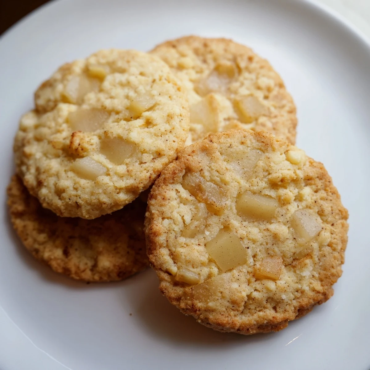 A close-up of warm Bright Pear Cookies studded with sweet pear pieces, served on a rustic plate with a glass of milk.