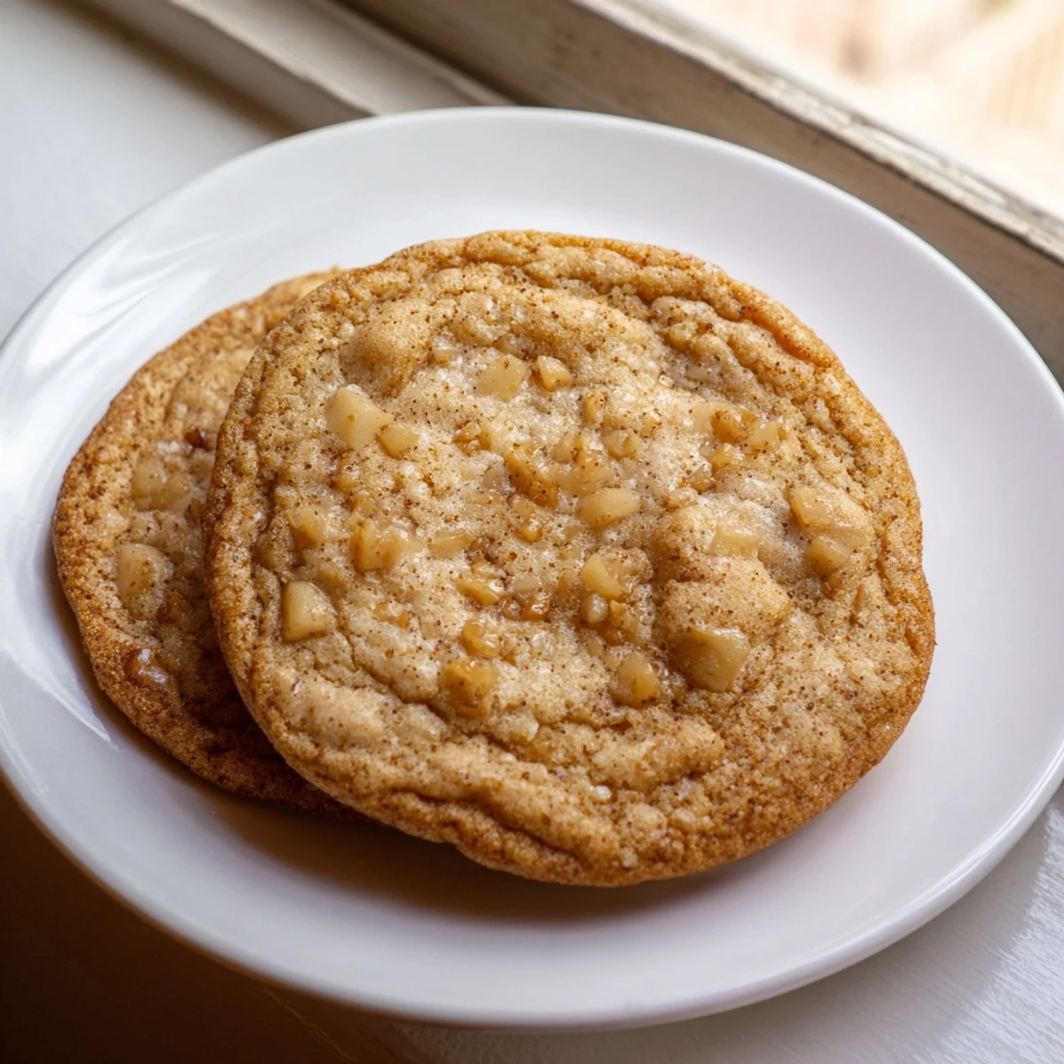 Golden-brown Cozy Pear Cookies stacked on a white plate, showcasing soft centers and chewy edges with visible pear chunks.