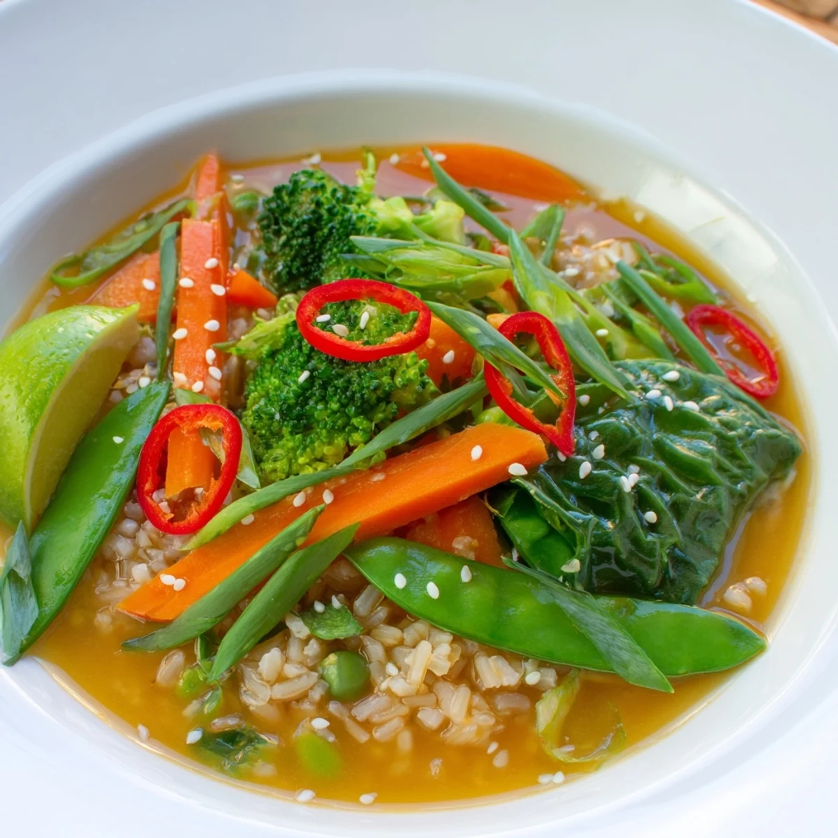 Steaming bowl of the Warm Ginger Bowl with tender vegetables and fluffy grains in a savory broth.