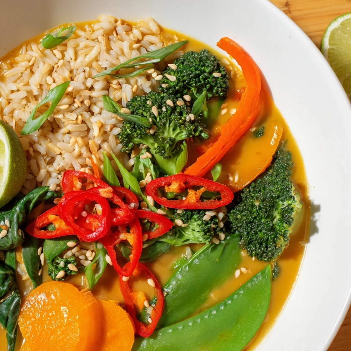 Colorful Warm Ginger Bowl topped with green onions, sesame seeds, and lime wedges for a bright finish.