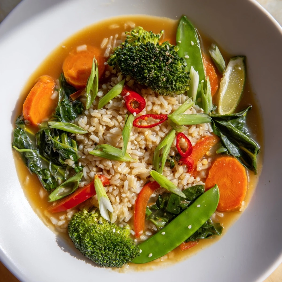 Hearty Warm Ginger Bowl featuring crisp broccoli, carrots, and spinach in a fragrant ginger-infused broth.