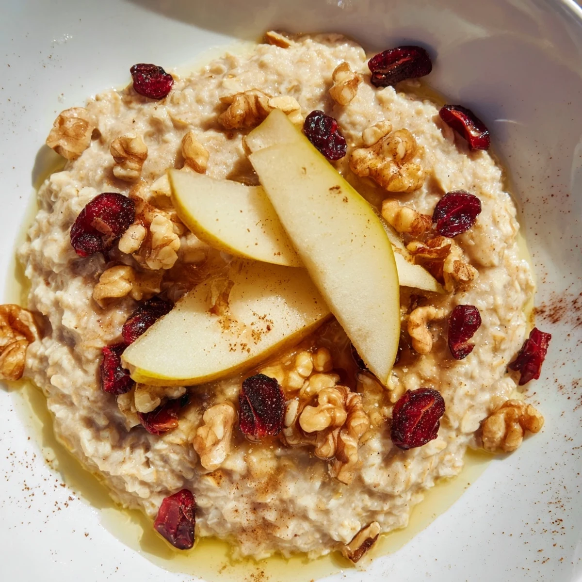 A warm bowl of New Year Pear Porridge topped with toasted walnuts and dried cranberries.