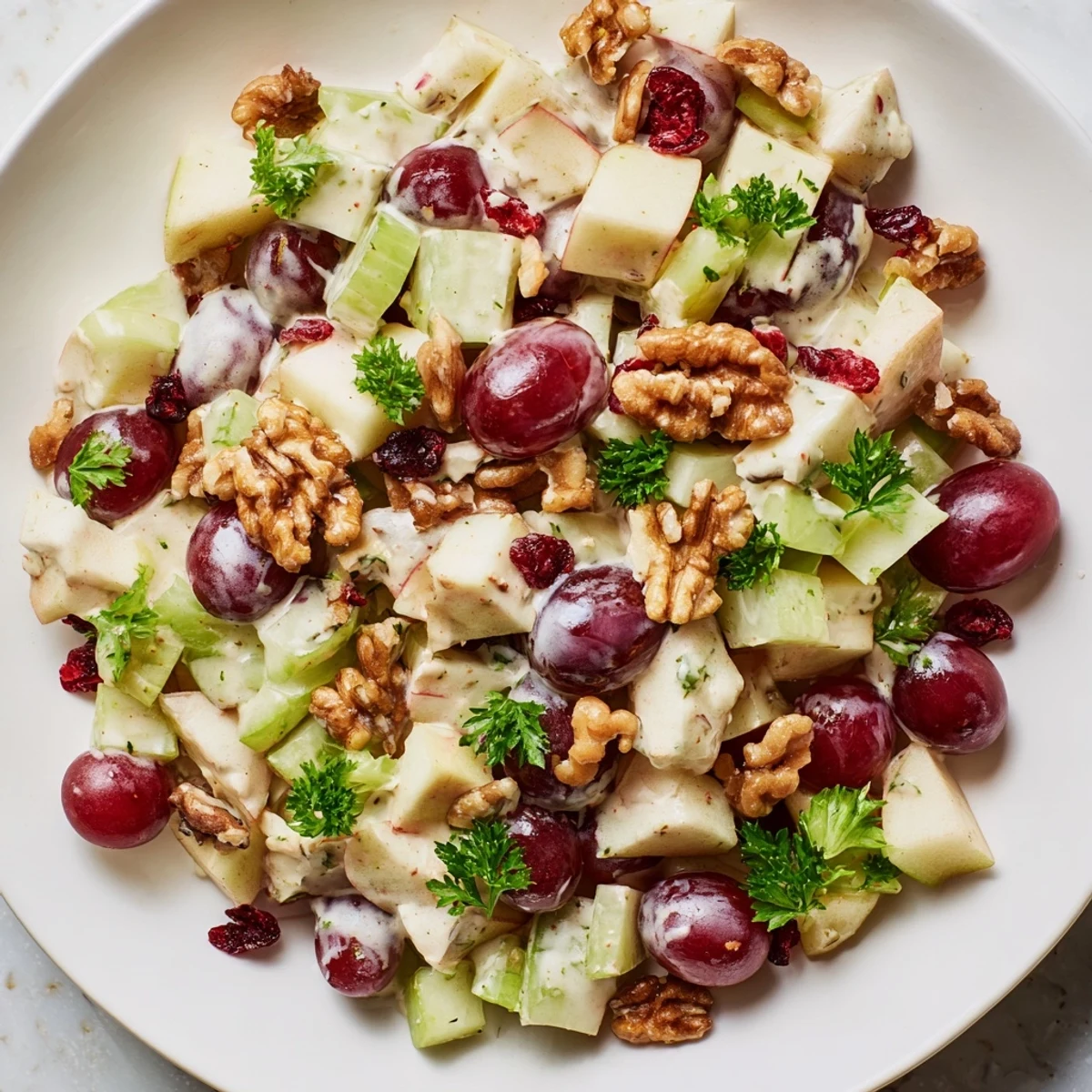Crisp diced apples, grapes, and walnuts tossed in a tangy yogurt dressing, showcasing the vibrant Wholesome Apple Salad in a serving bowl.