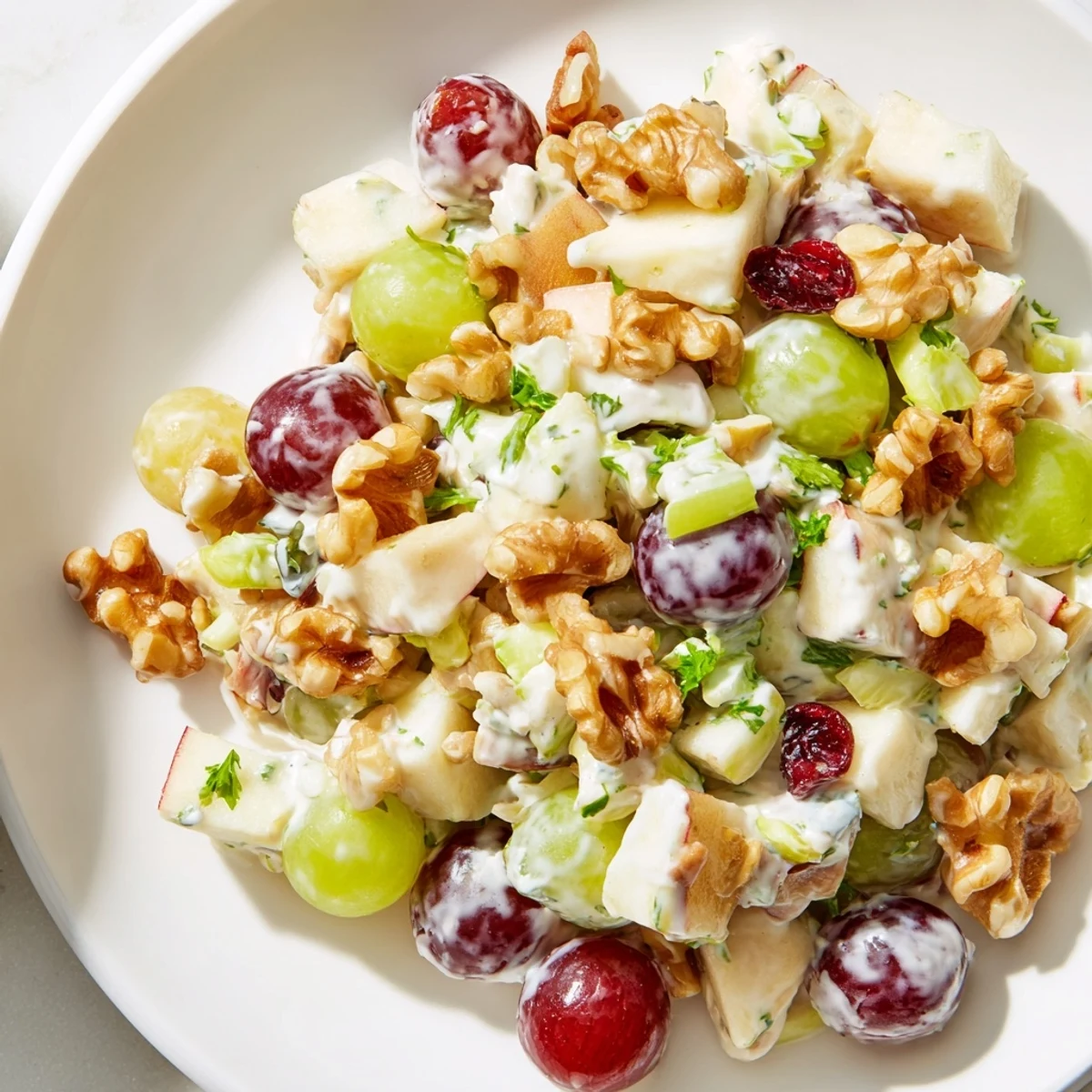 Garnished with fresh mint, this chilled Wholesome Apple Salad highlights crunchy walnuts and sweet apples in a beautiful ceramic bowl.