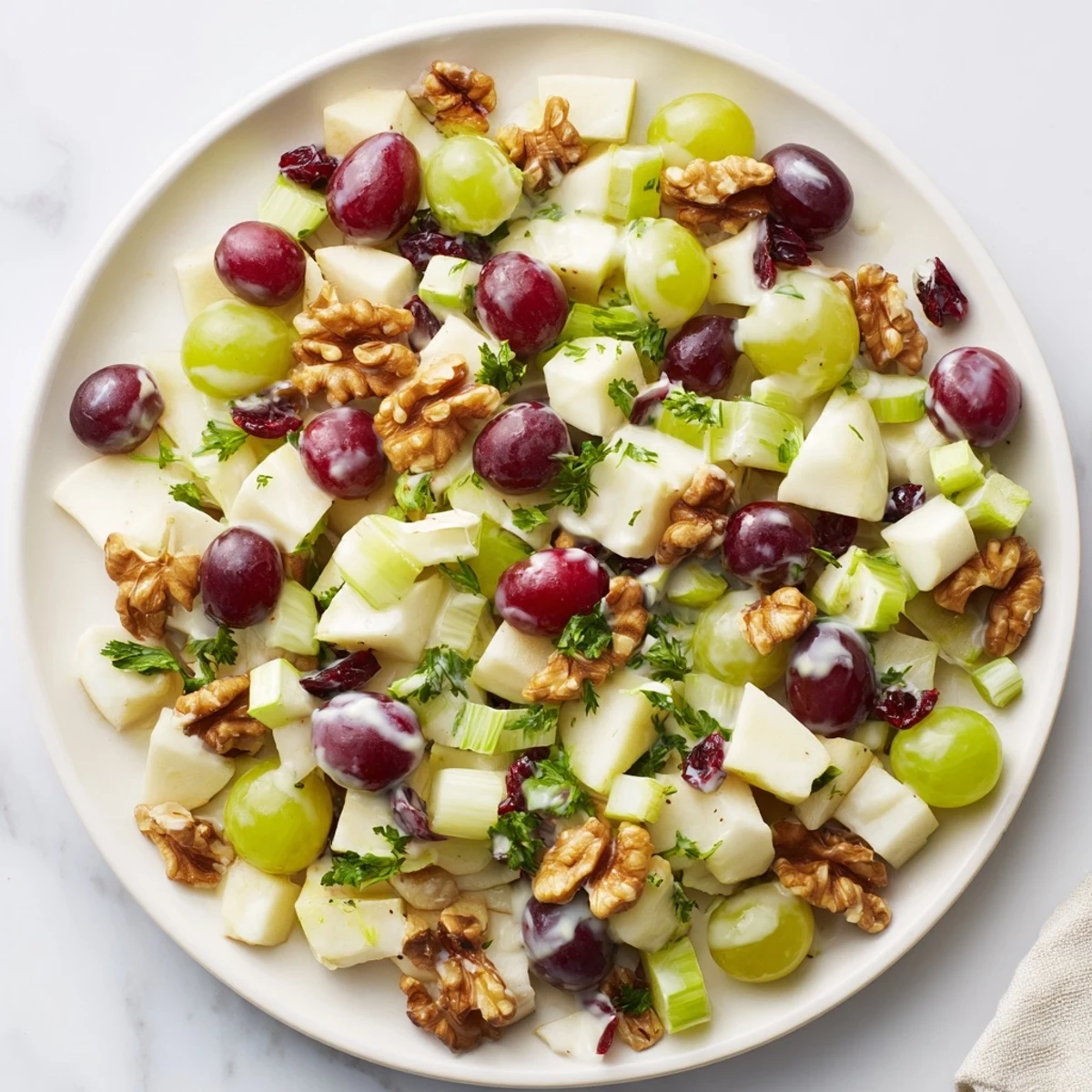 The Wholesome Apple Salad features celery and dried cranberries with a drizzle of honey yogurt dressing, perfect for a refreshing light lunch.