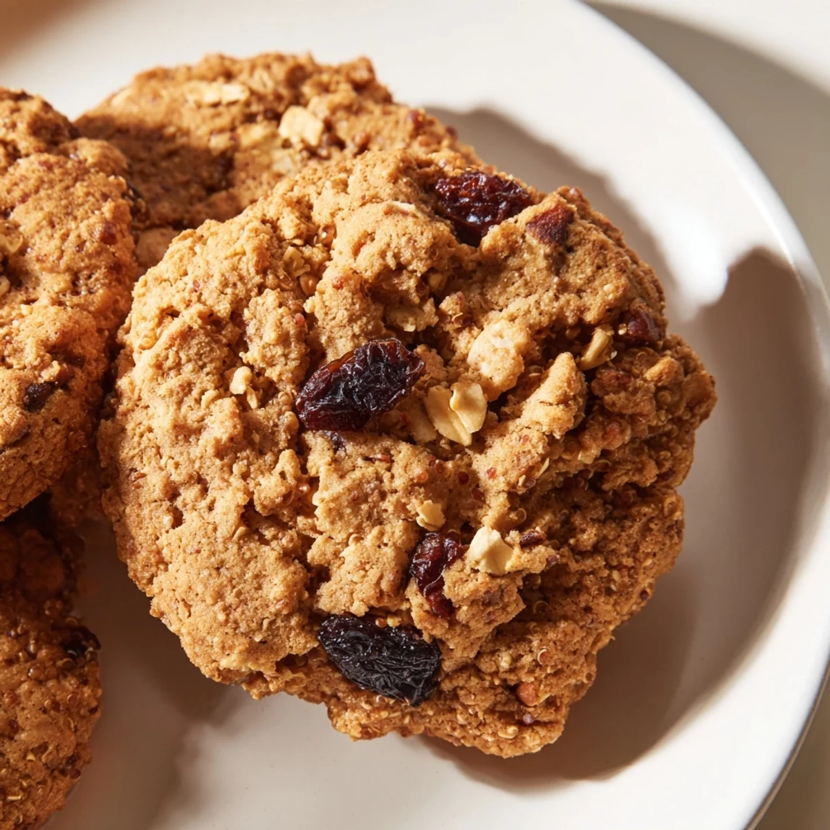 A close-up view of Warm Quinoa Cookies on a rustic wooden board, with a glass of milk and a scattering of walnuts.