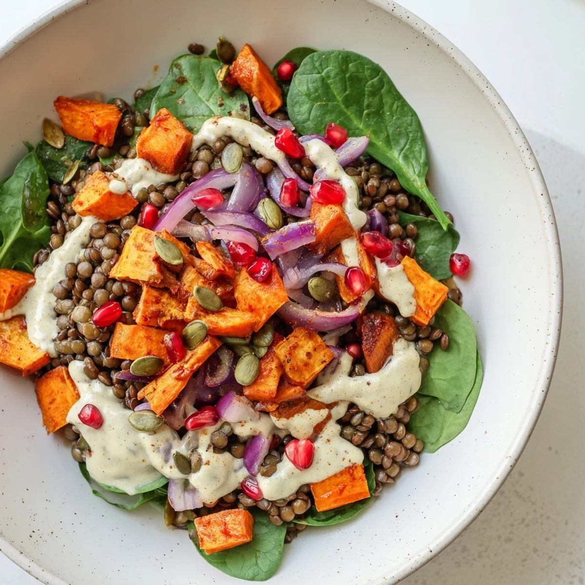 A close-up of the Festive Lentil Bowl with roasted sweet potatoes and carrots, topped with pomegranate seeds and pumpkin seeds.