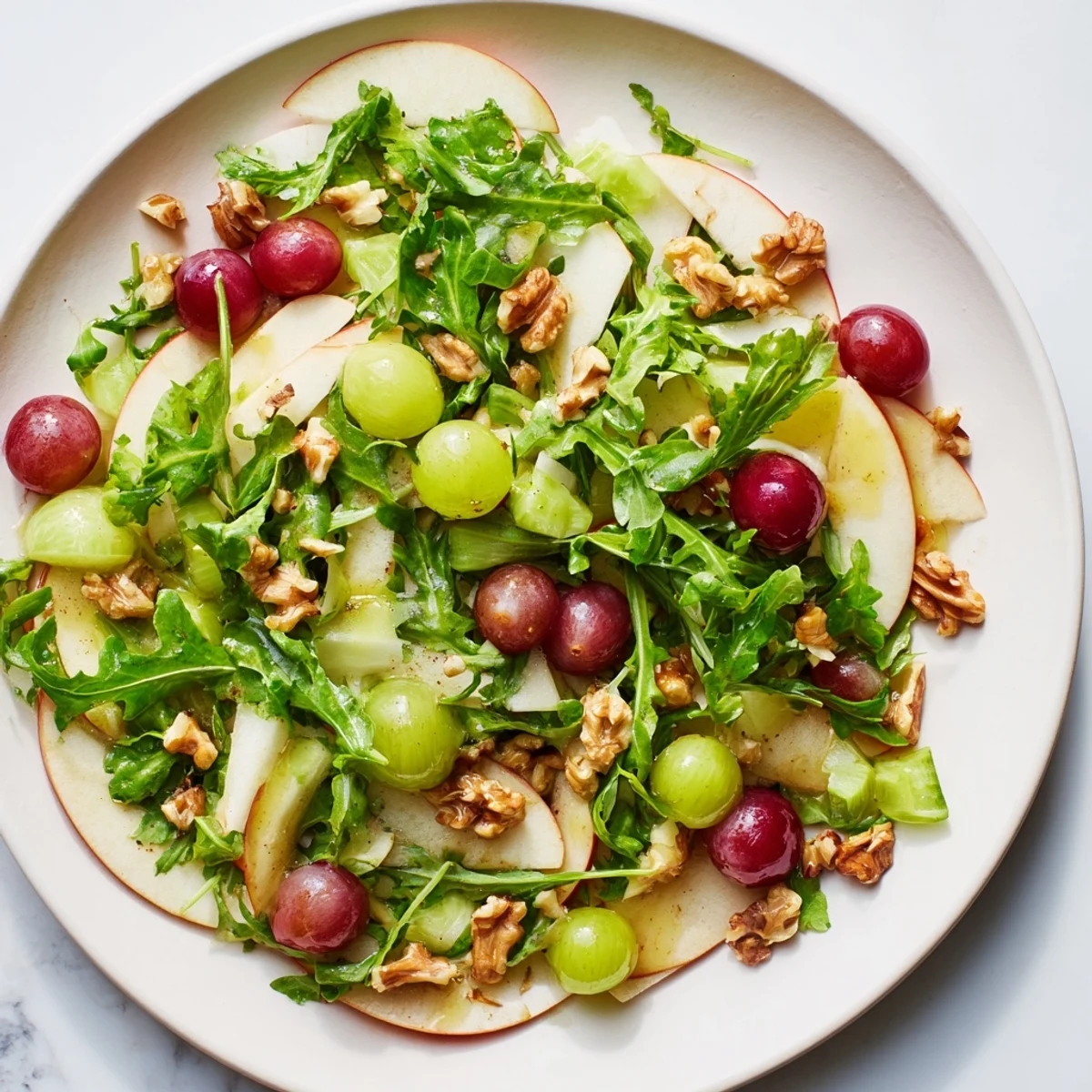 A close-up view of a Vegan Apple Salad with red grapes, walnuts, and glistening lemon-maple dressing.  