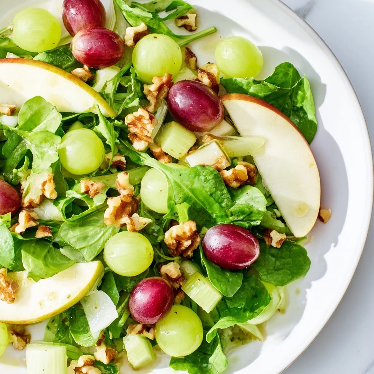 Serve the Vegan Apple Salad over a bed of arugula with extra walnuts for a refreshing lunch or side dish.