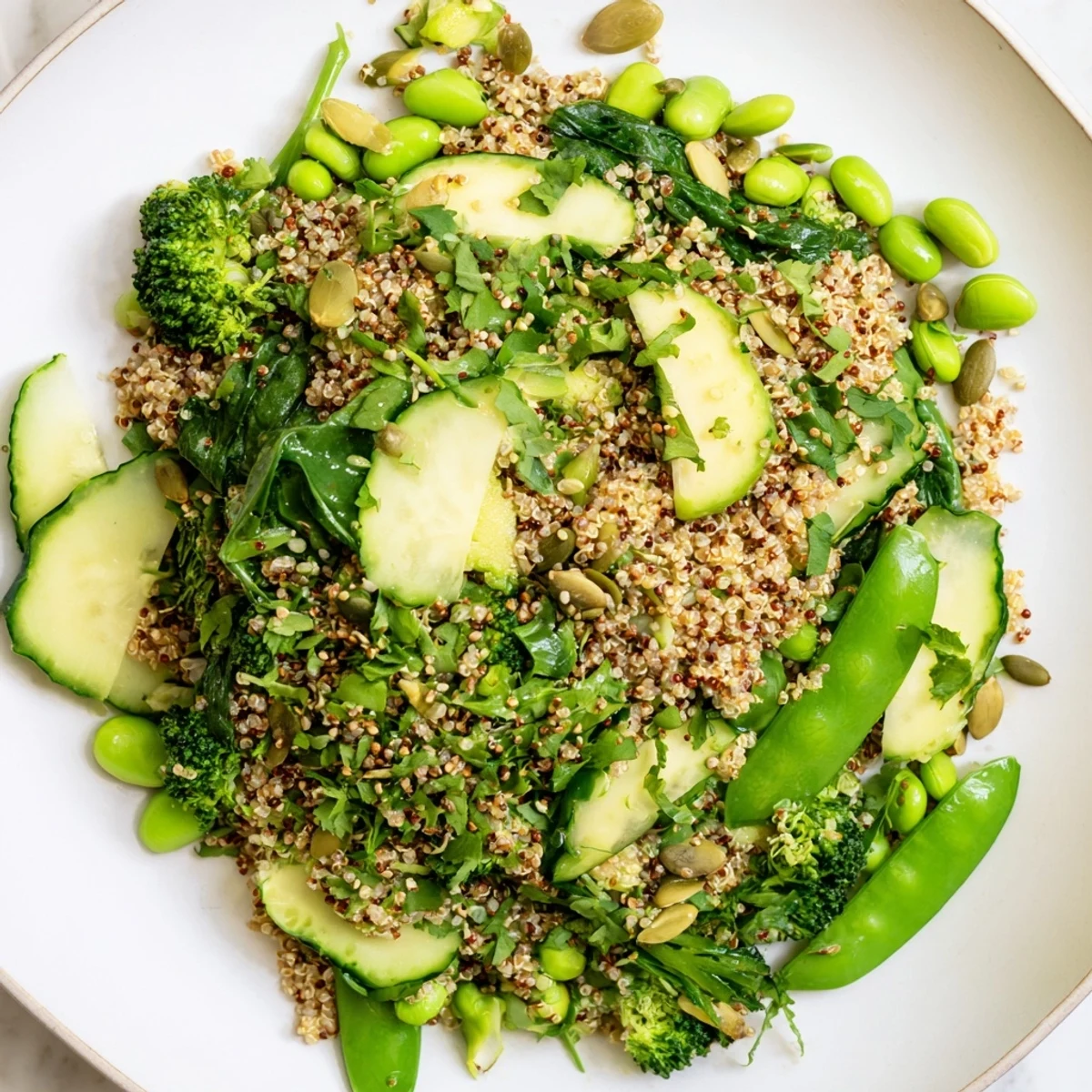 Close-up of the Wholesome Green Bowl showing fluffy grains, edamame, and parsley, ready to enjoy with a tangy lemon-tahini dressing.