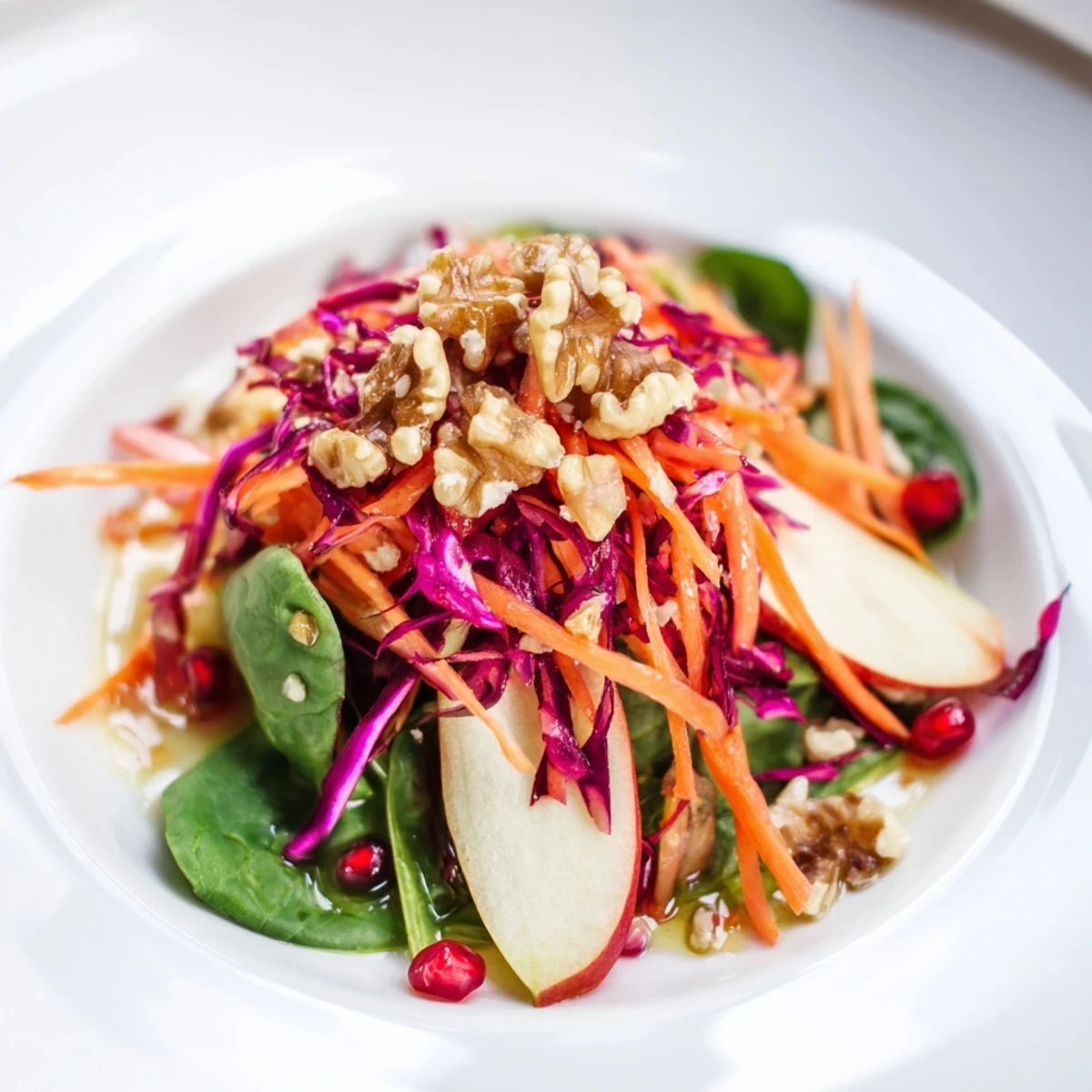 Freshly tossed Winter Ginger Salad features crisp cabbage, carrots, and pomegranate seeds in a zesty ginger dressing.