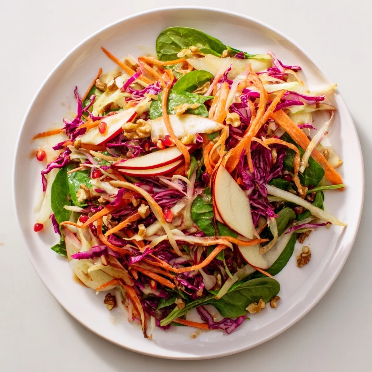 A vibrant bowl of Winter Ginger Salad with crunchy walnuts, bright apple slices, and tangy lemon dressing.