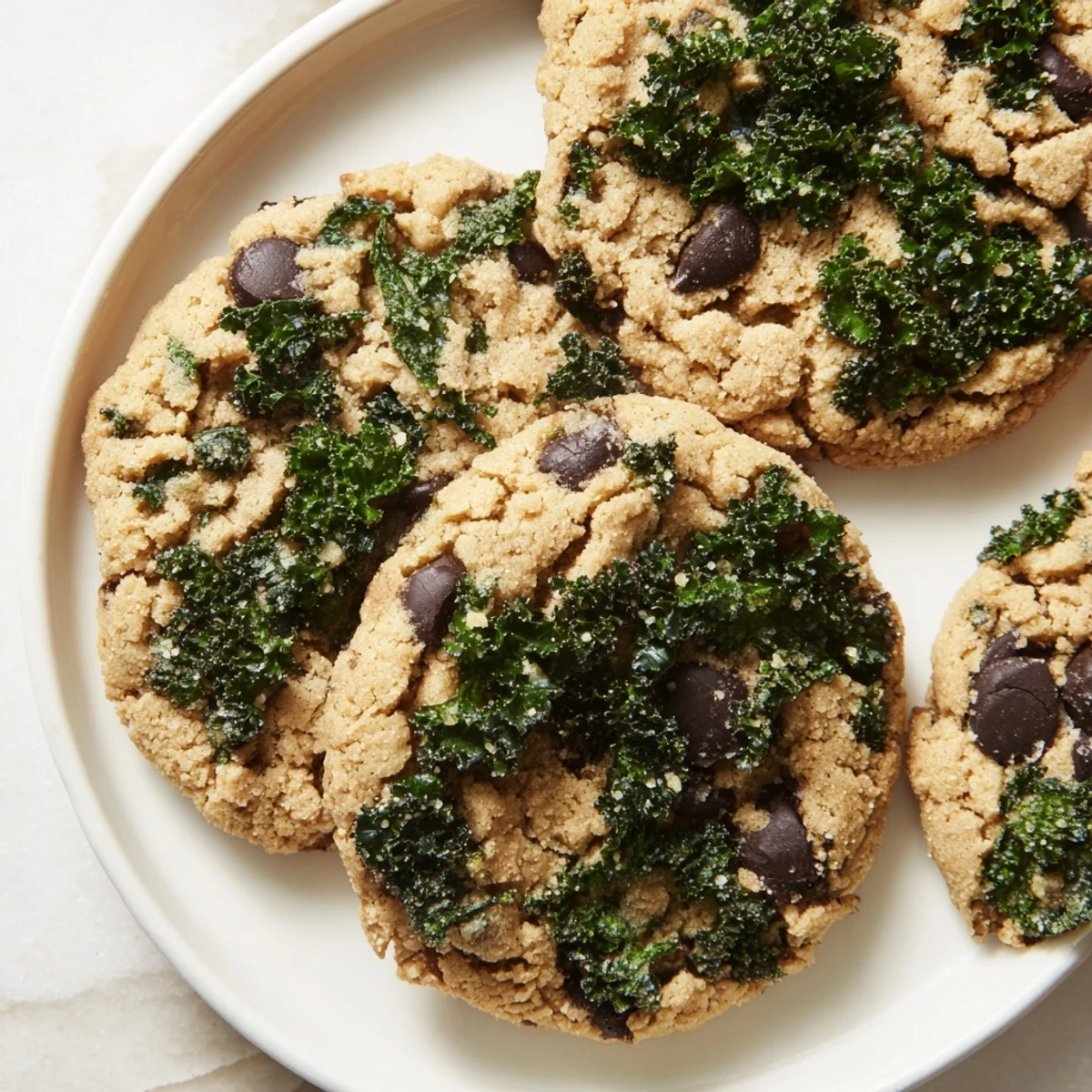 Fresh kale cookie dough scooped on parchment, showing chopped greens and optional walnuts for a nutritious American treat.