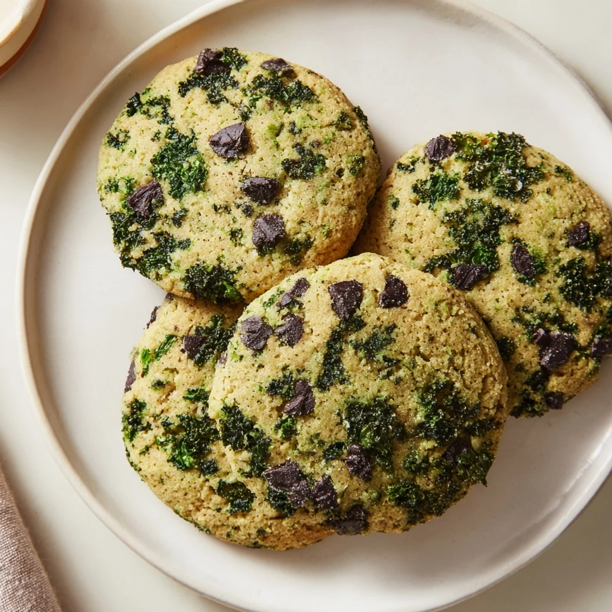 Stack of Fresh Kale Cookies on a white plate, chocolate chips visible, paired with green tea for an afternoon snack.