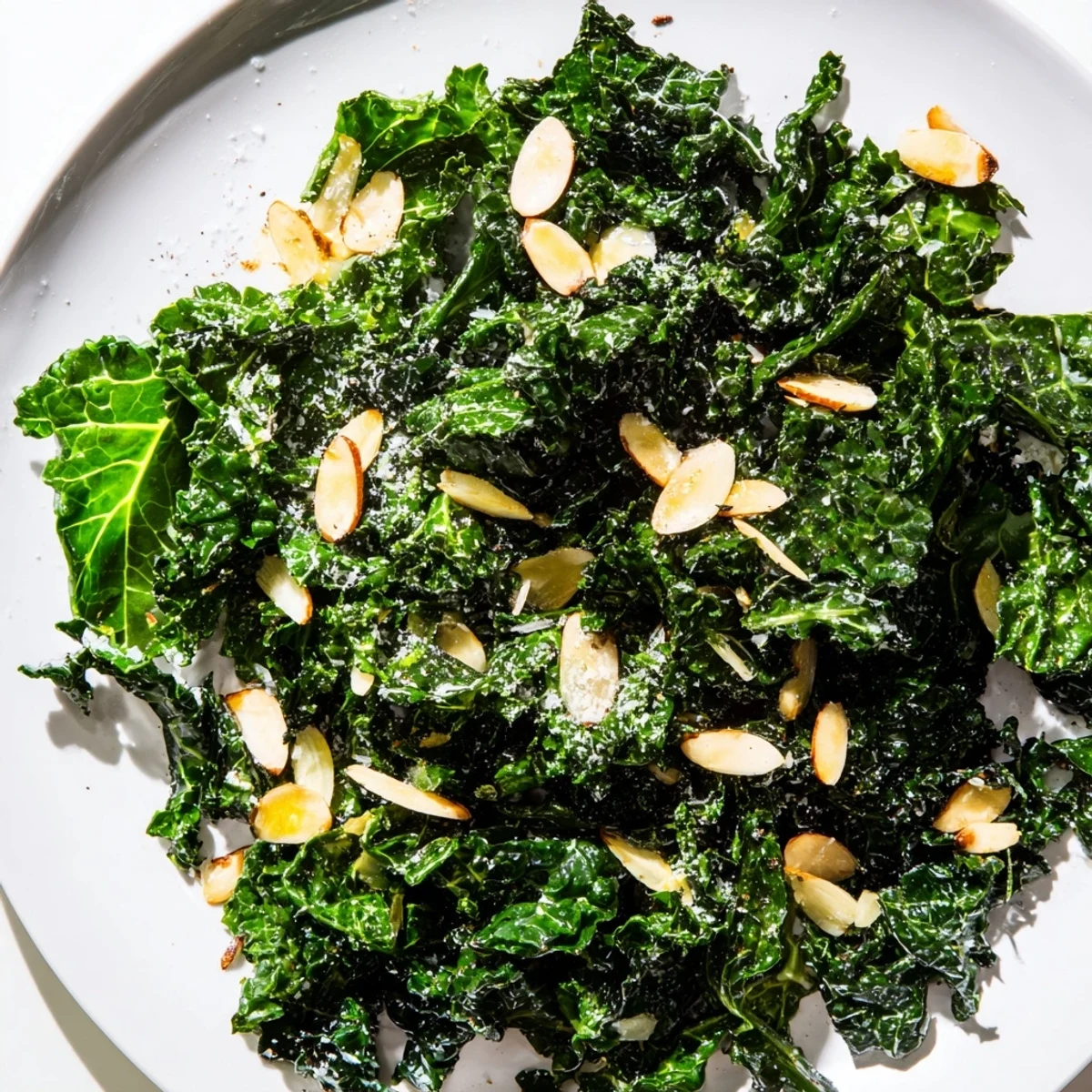 Freshly sautéed Warm Kale Treat glistens with olive oil, topped with crunchy toasted almonds and a bright lemon wedge on a rustic plate.  