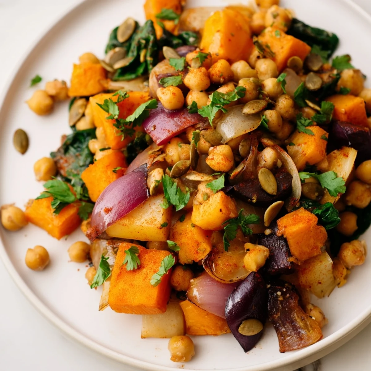 A cozy bowl of Winter Chickpea Treat with tender roasted root vegetables and fresh spinach on a rustic table.
