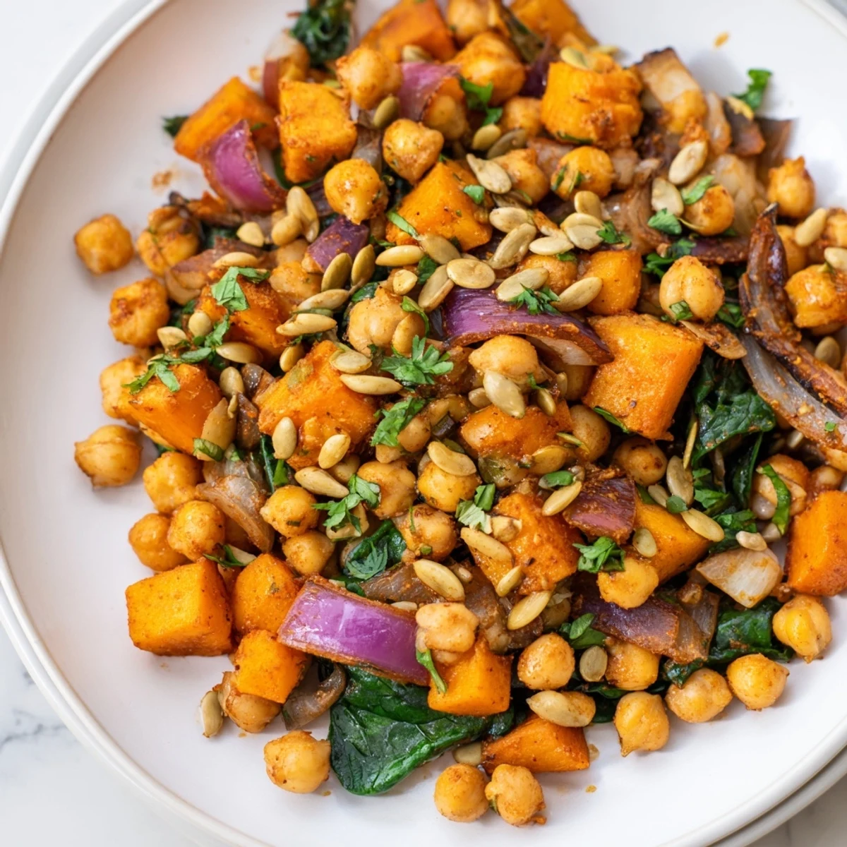 Serving suggestion for Winter Chickpea Treat in a white bowl, garnished with parsley and pumpkin seeds.