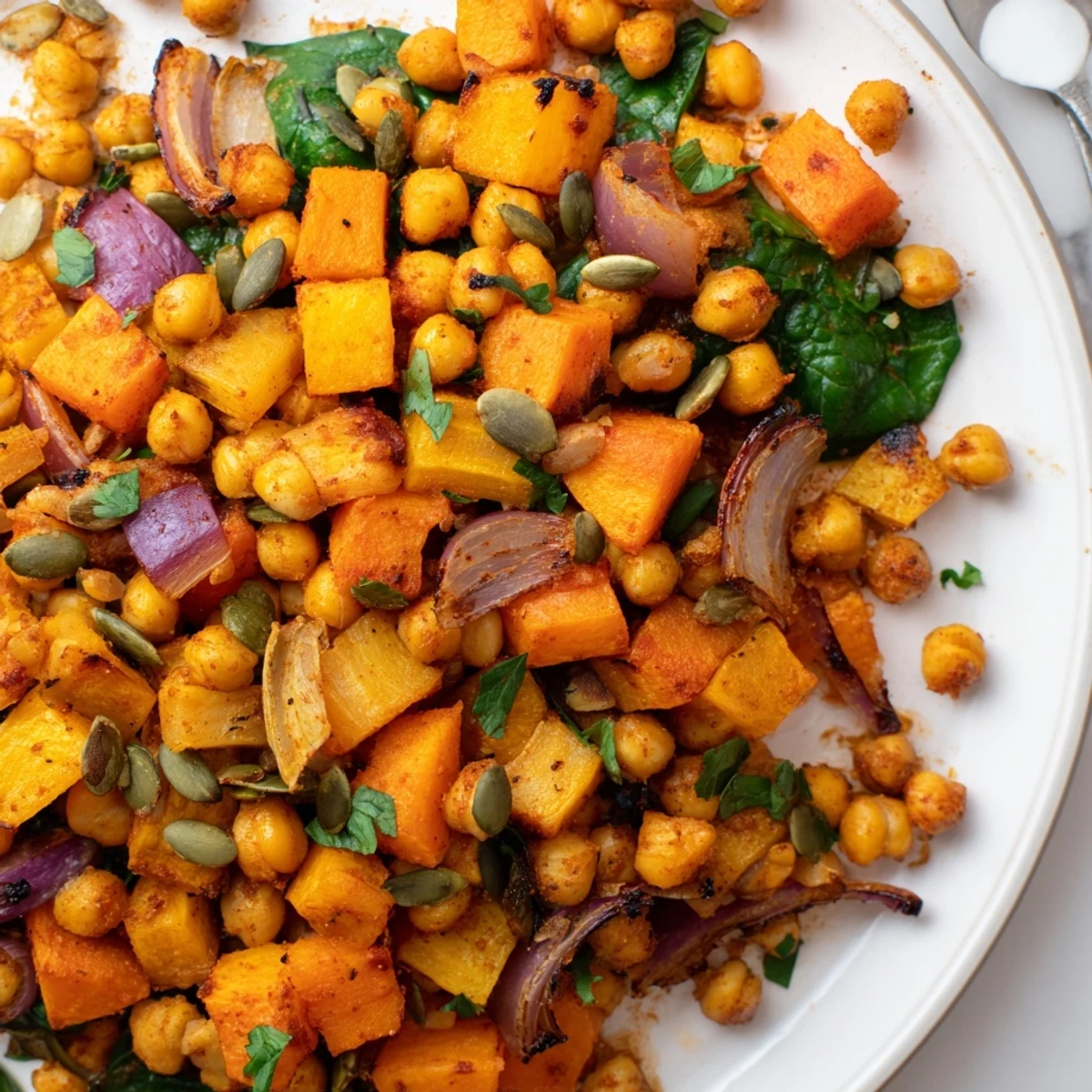 Close-up shot of Winter Chickpea Treat showing golden carrots, parsnip, and butternut squash in a warm spice broth.