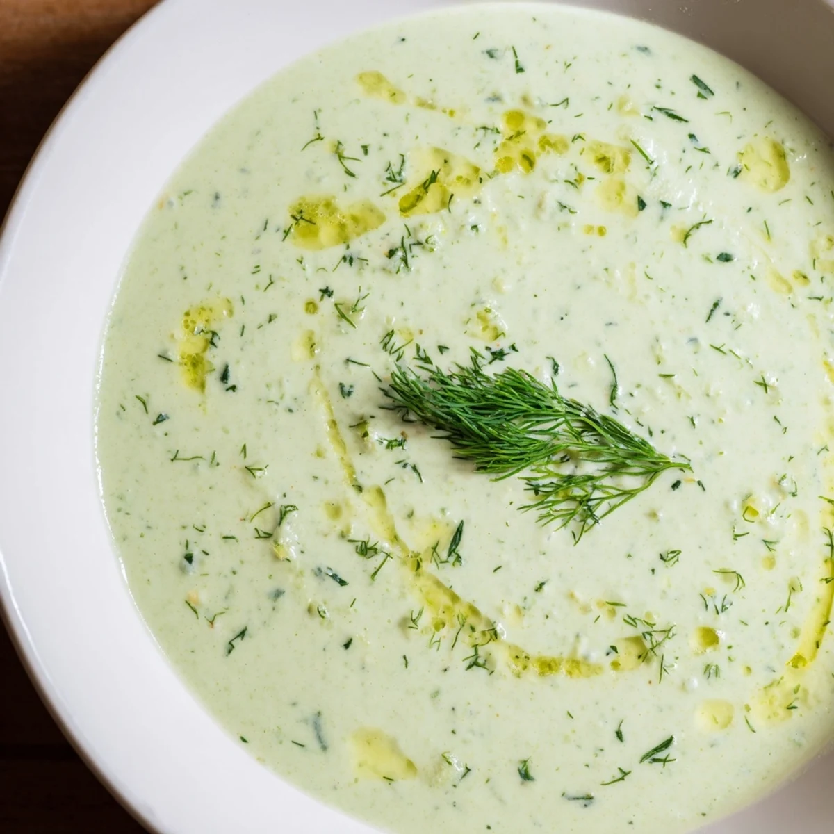 Close-up view of creamy Chilled Cucumber Avocado Soup in a white bowl, showing smooth texture and olive oil drizzle.