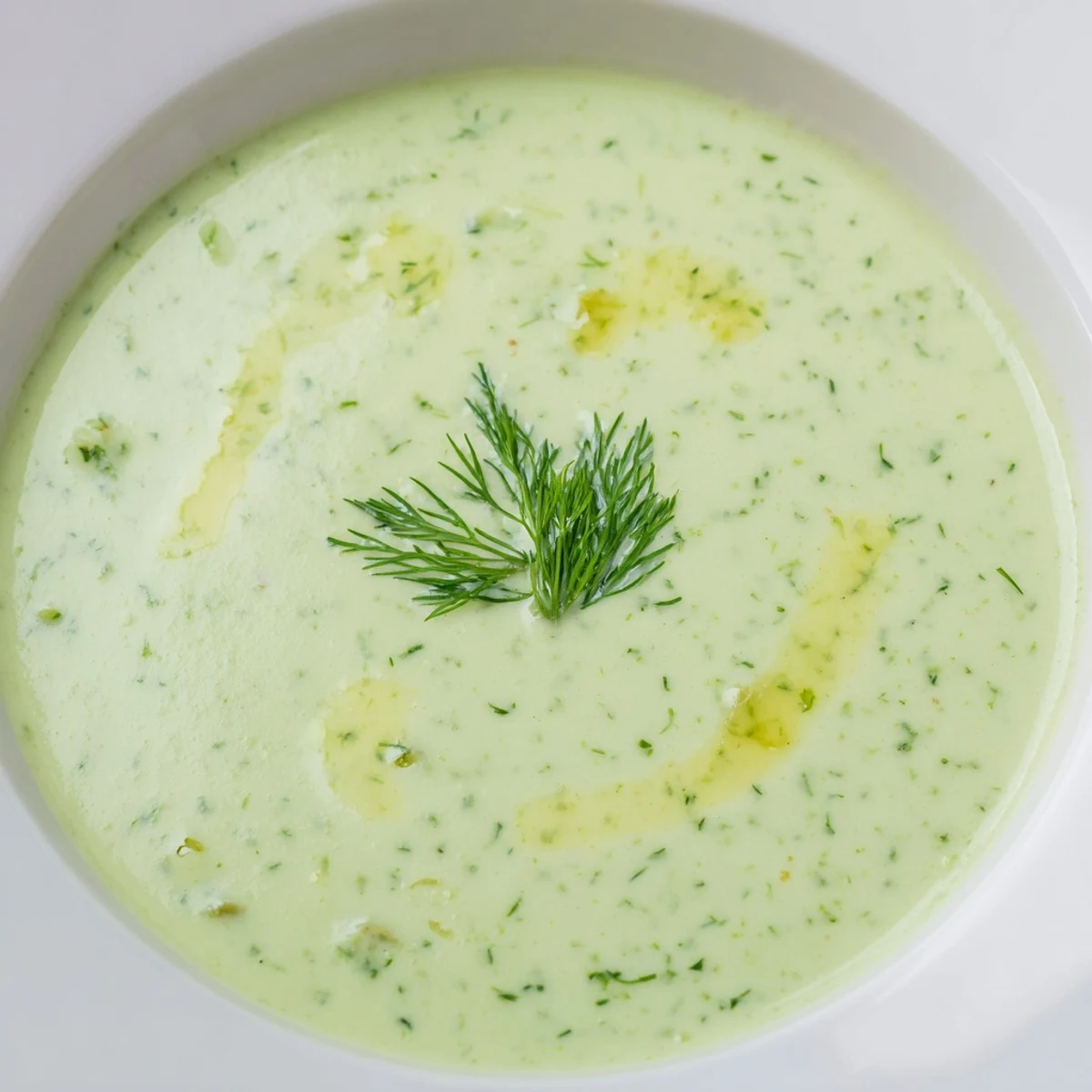 Serving suggestion for Chilled Cucumber Avocado Soup with a side of crusty bread and fresh herbs for dipping.