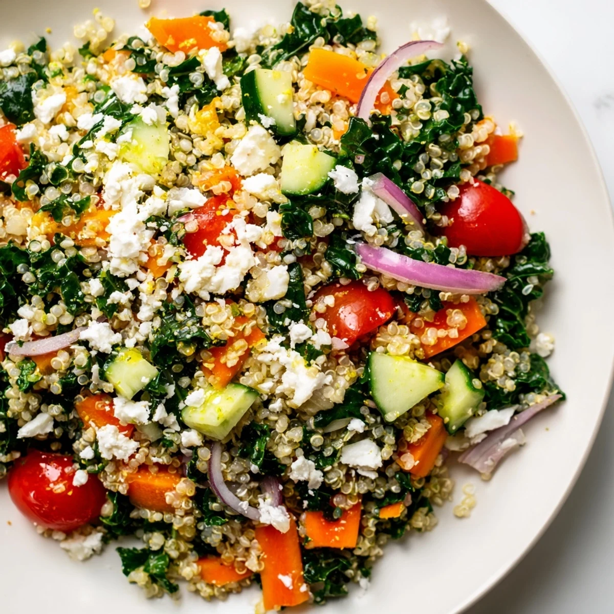 Hearty Zesty Quinoa and Kale Grain Salad topped with crumbled feta, sunflower seeds, and colorful carrots, served fresh on a rustic plate.
