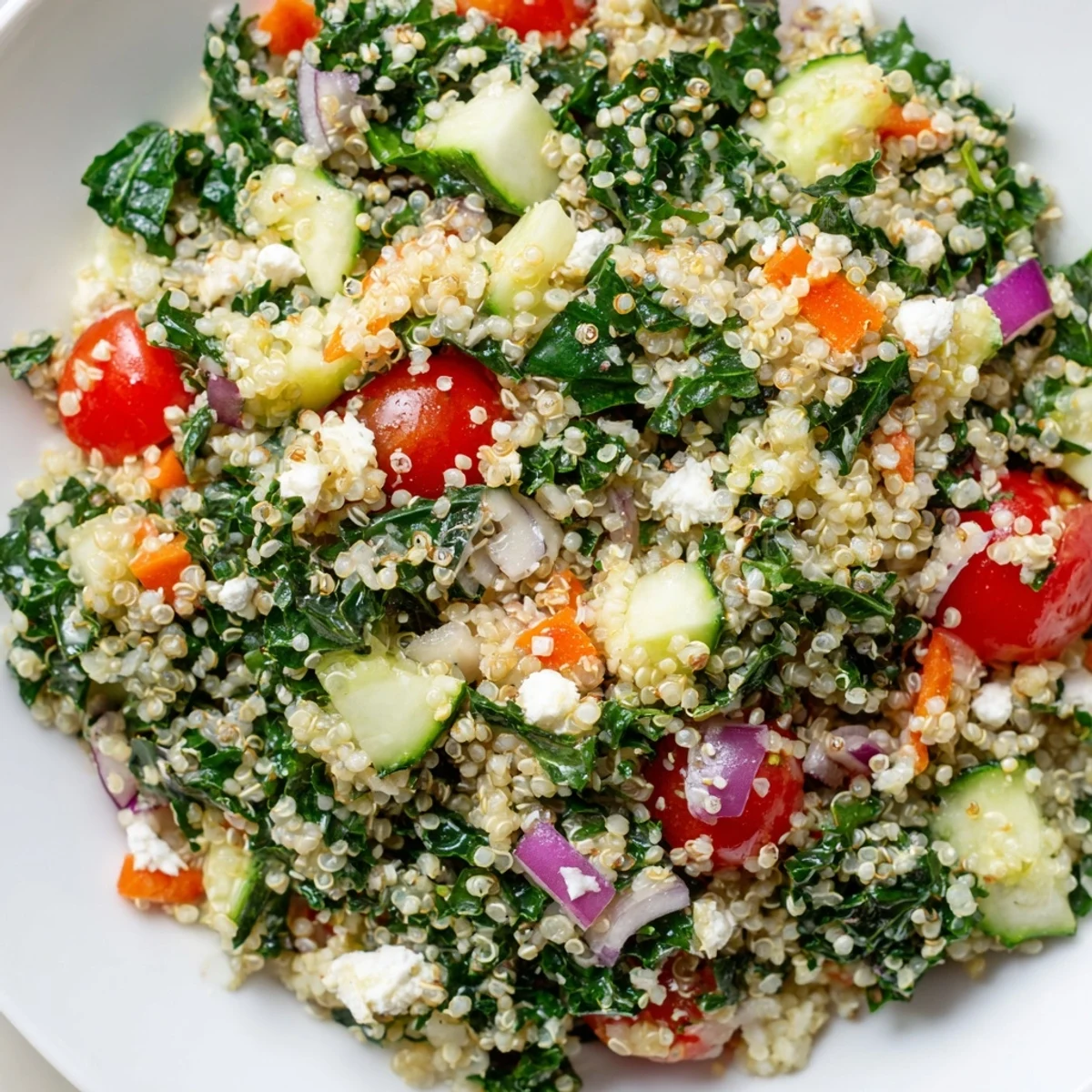 Vibrant bowl of Zesty Quinoa and Kale Grain Salad with fluffy quinoa, crisp kale, tomatoes, cucumber, and a tangy lemon dressing.