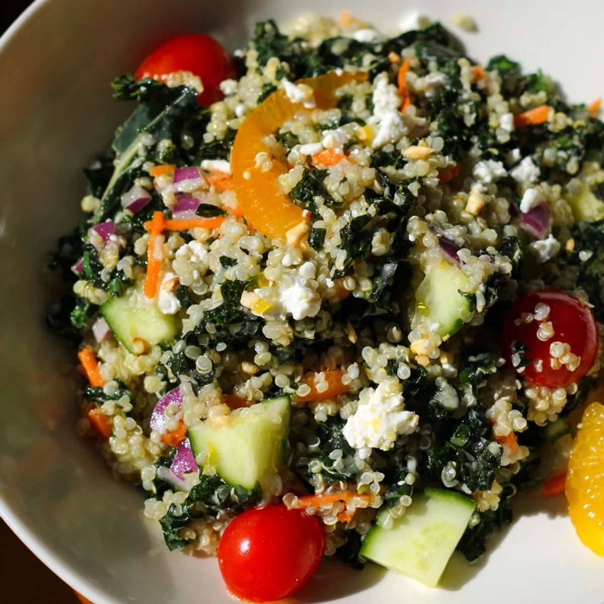 Light and refreshing Zesty Quinoa and Kale Grain Salad with massaged kale, quinoa, and citrusy dressing, perfect for a healthy lunch side.