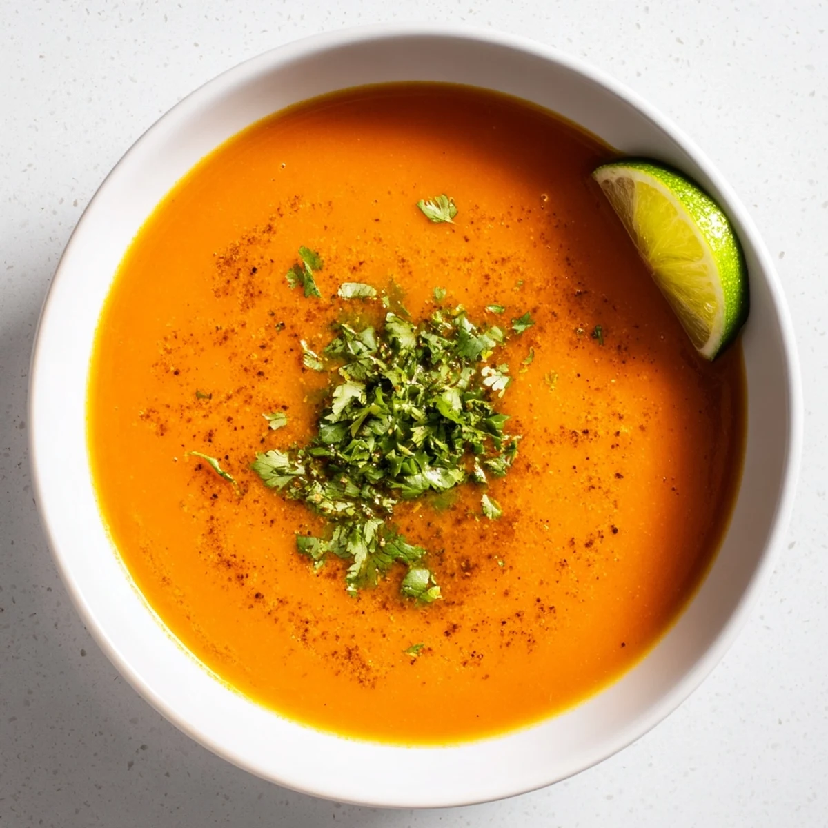 A warm bowl of Carrot Ginger Hearty Soup with Lime, garnished with fresh cilantro and a lime wedge on a rustic table.  