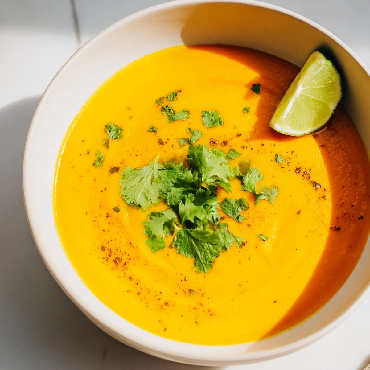 Creamy Carrot Ginger Hearty Soup with Lime in a white bowl, topped with cilantro and coconut milk swirl.  