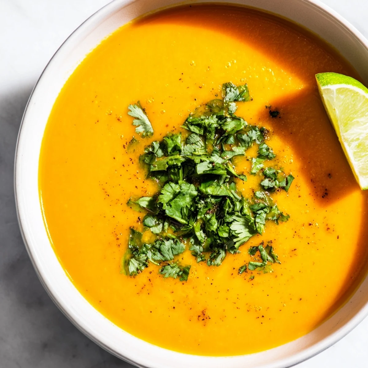 Vibrant orange Carrot Ginger Hearty Soup with Lime, steam rising and a spoon ready beside fresh herbs.
