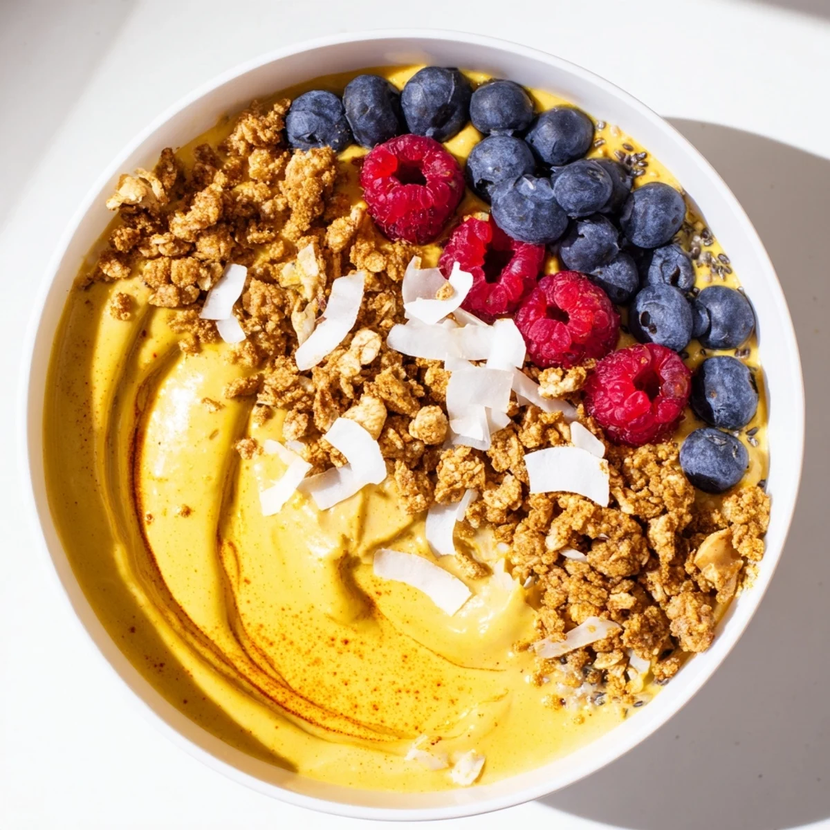Creamy Turmeric Cashew Breakfast Bowl topped with fresh berries, toasted cashews, and a maple syrup drizzle.