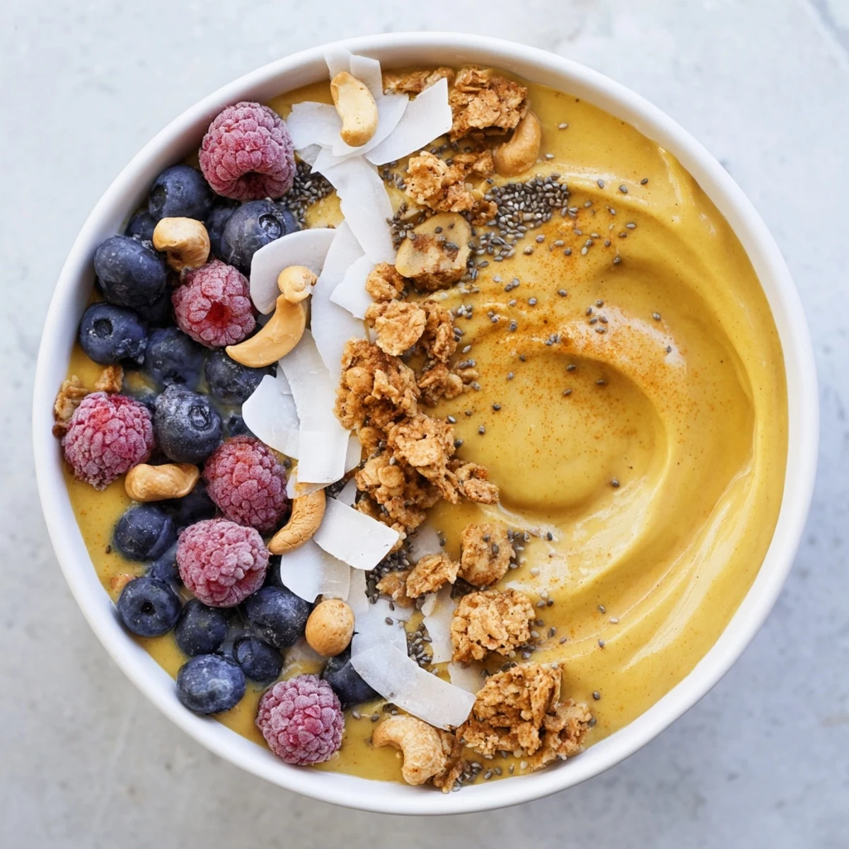 Bright yellow turmeric cashew breakfast bowl with chia seeds, coconut flakes, and gluten-free granola.