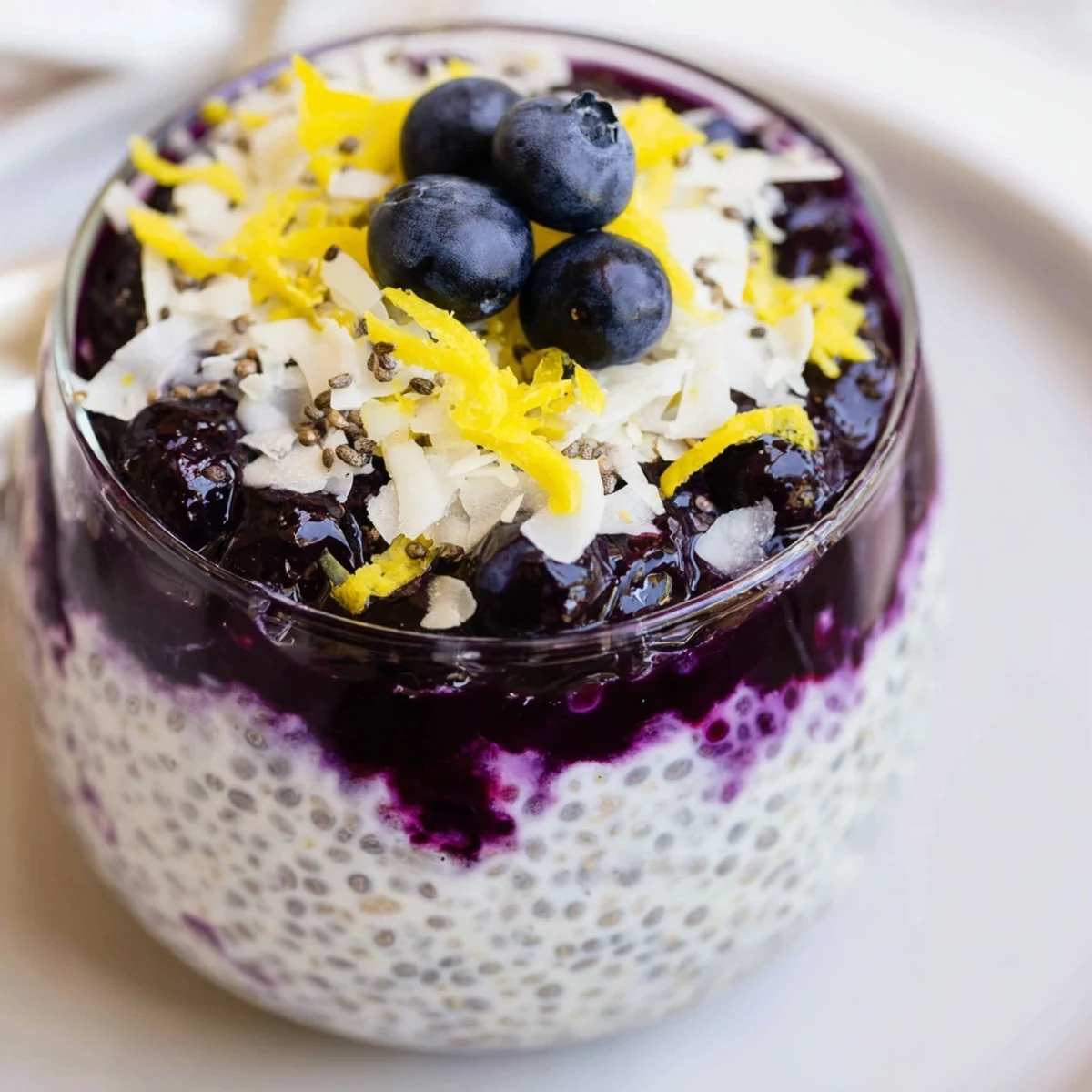 Top-down view of Lemon Blueberry Coconut Chia Sweet Treat topped with shredded coconut and fresh blueberries, garnished with lemon zest.