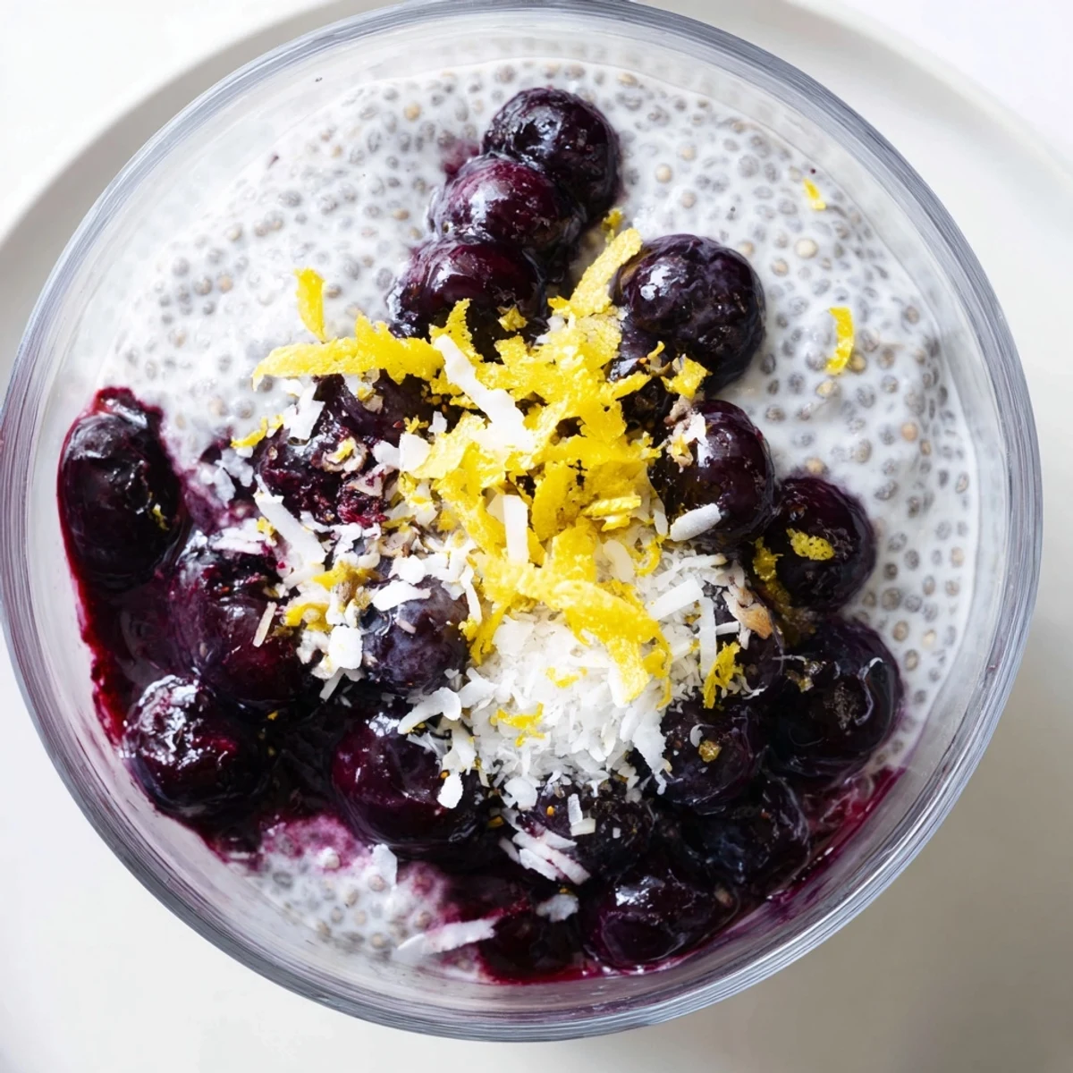 Overhead shot of Lemon Blueberry Coconut Chia Sweet Treat layered in jars, with a spoon beside it for a serving suggestion.