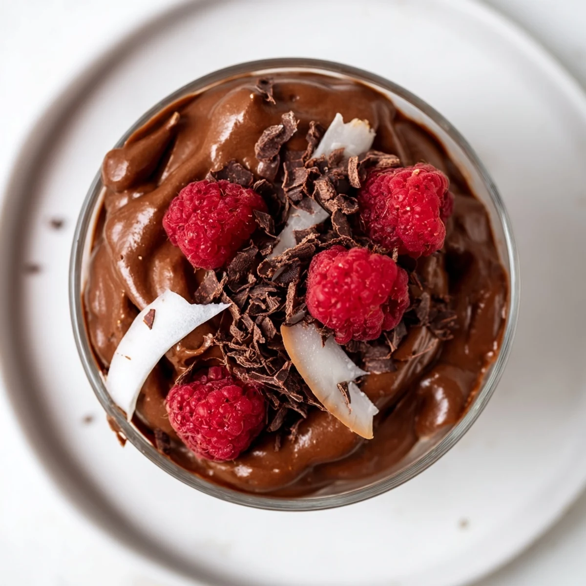 Fresh ripe avocados blend into a silky Chocolate Avocado Oil-Free Mousse topped with shaved dark chocolate and berries.