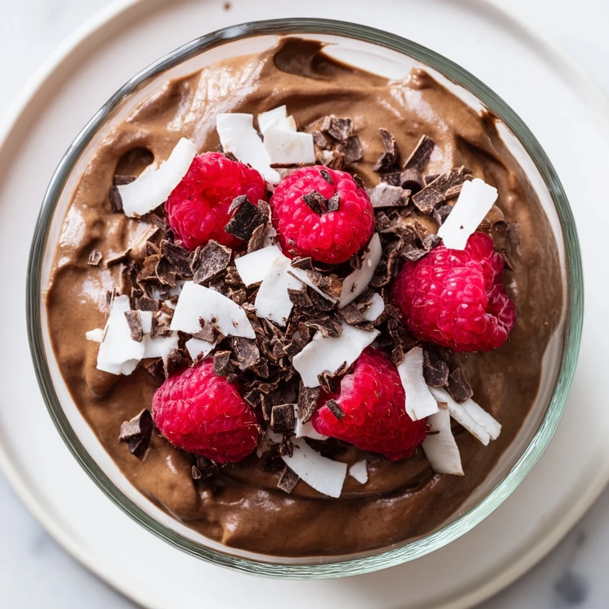 A chilled bowl of Chocolate Avocado Oil-Free Mousse shows creamy texture and a rich, deep cocoa color.