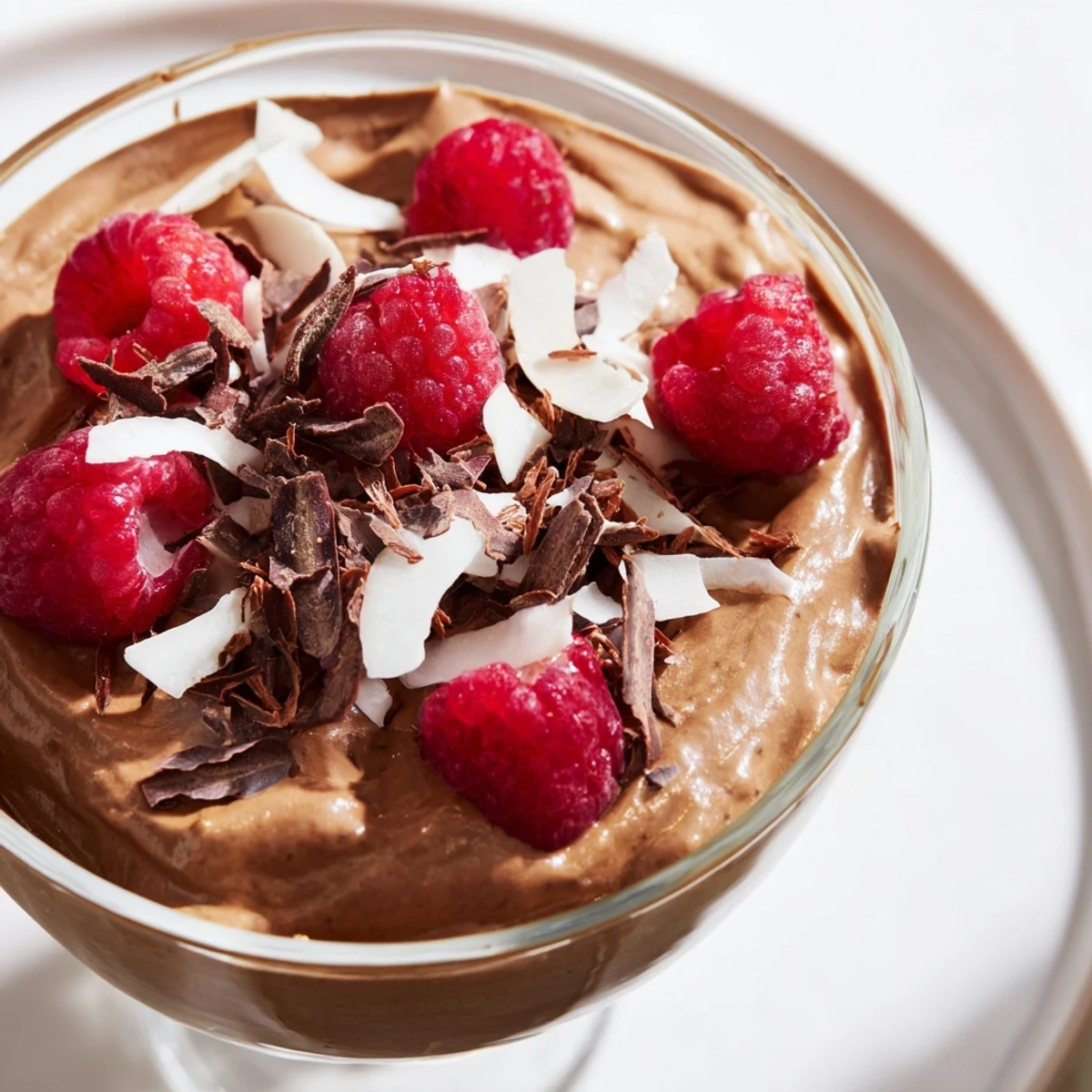 Spoonable Chocolate Avocado Oil-Free Mousse served in glass cups garnished with toasted coconut flakes and fresh raspberries.