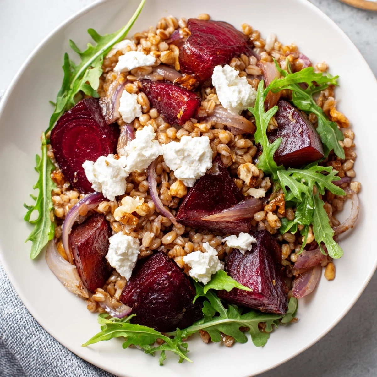 Deep red roasted beet wedges and chewy farro grains glisten with citrus vinaigrette in a rustic white bowl.