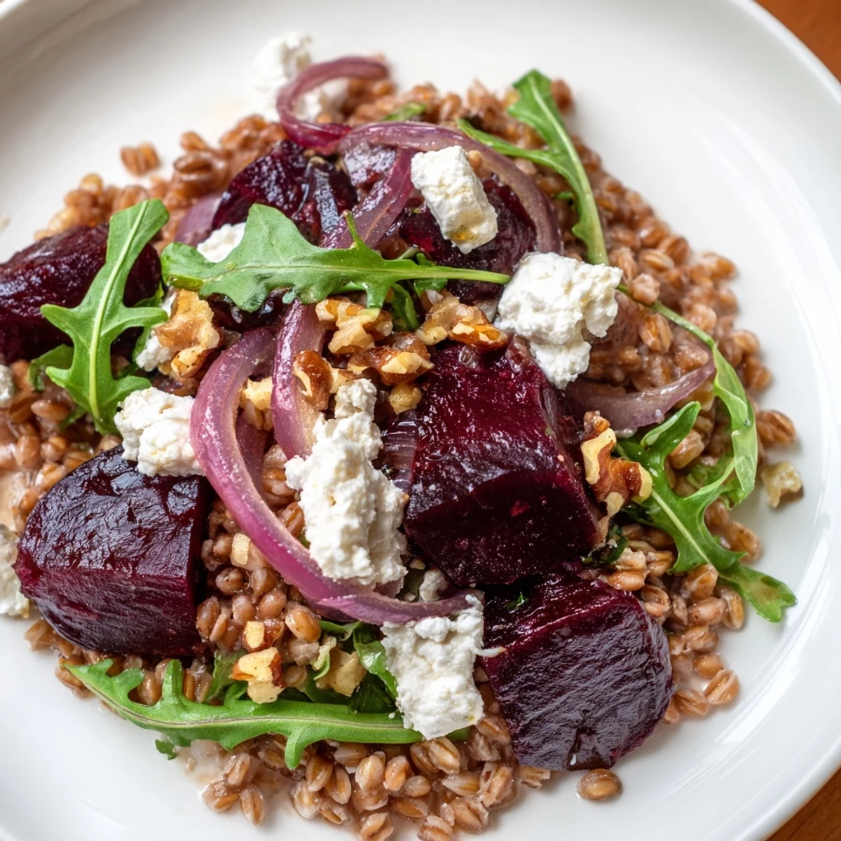 A vibrant Roasted Beet and Farro Grain Salad topped with creamy goat cheese and toasted walnuts.