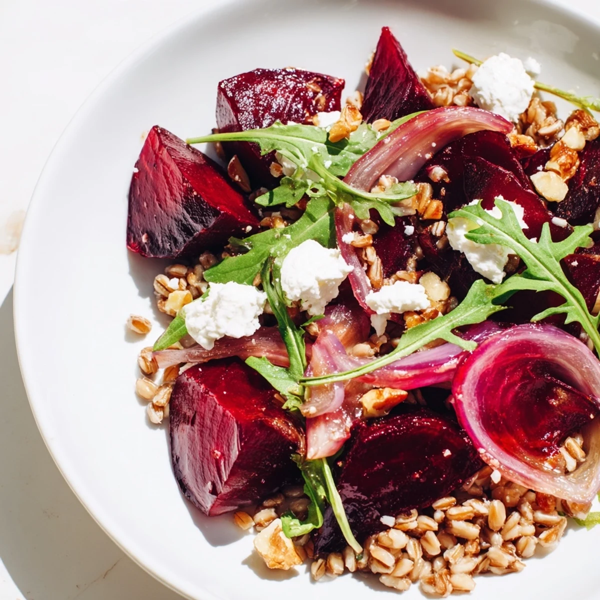 Colorful Mediterranean salad featuring roasted beets, hearty farro, arugula, and red onion, ready for a healthy lunch.