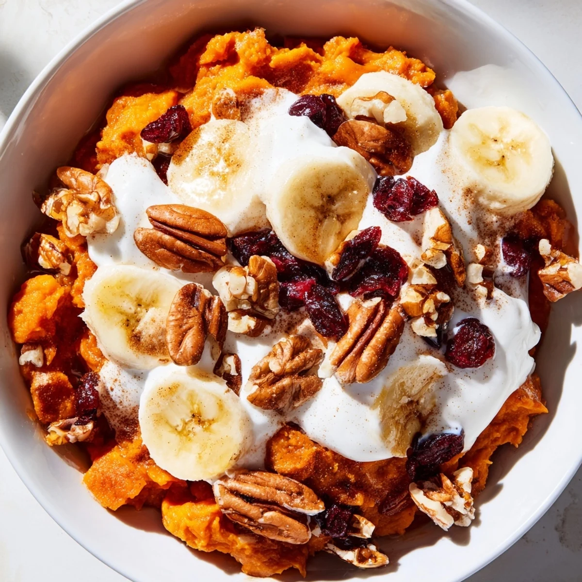 Creamy roasted sweet potatoes mashed with cinnamon and topped with crunchy pecans and a drizzle of maple syrup in this Maple Cinnamon Sweet Potato Breakfast Bowl.