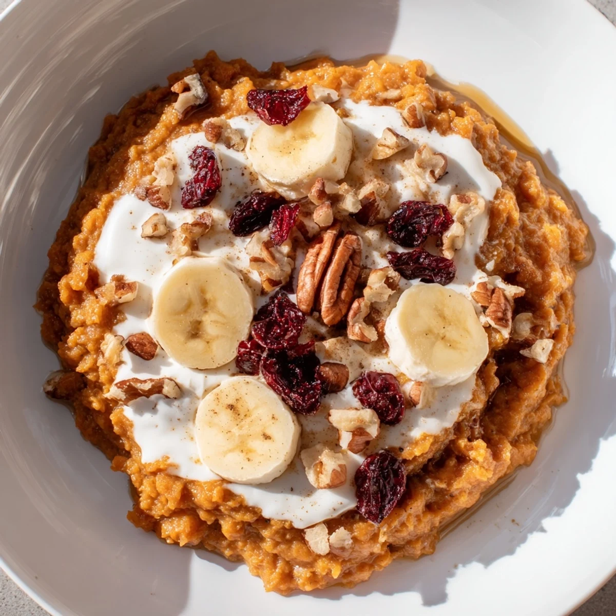 Sliced banana and dried cranberries add texture and sweetness to a warm serving of this wholesome Maple Cinnamon Sweet Potato Breakfast Bowl.