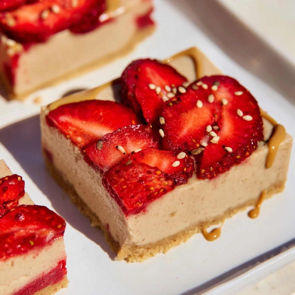 Overhead view of Strawberry Tahini Sweet Treat Bars with sliced fresh strawberries and toasted sesame seeds on top, perfect for a gluten-free dessert.