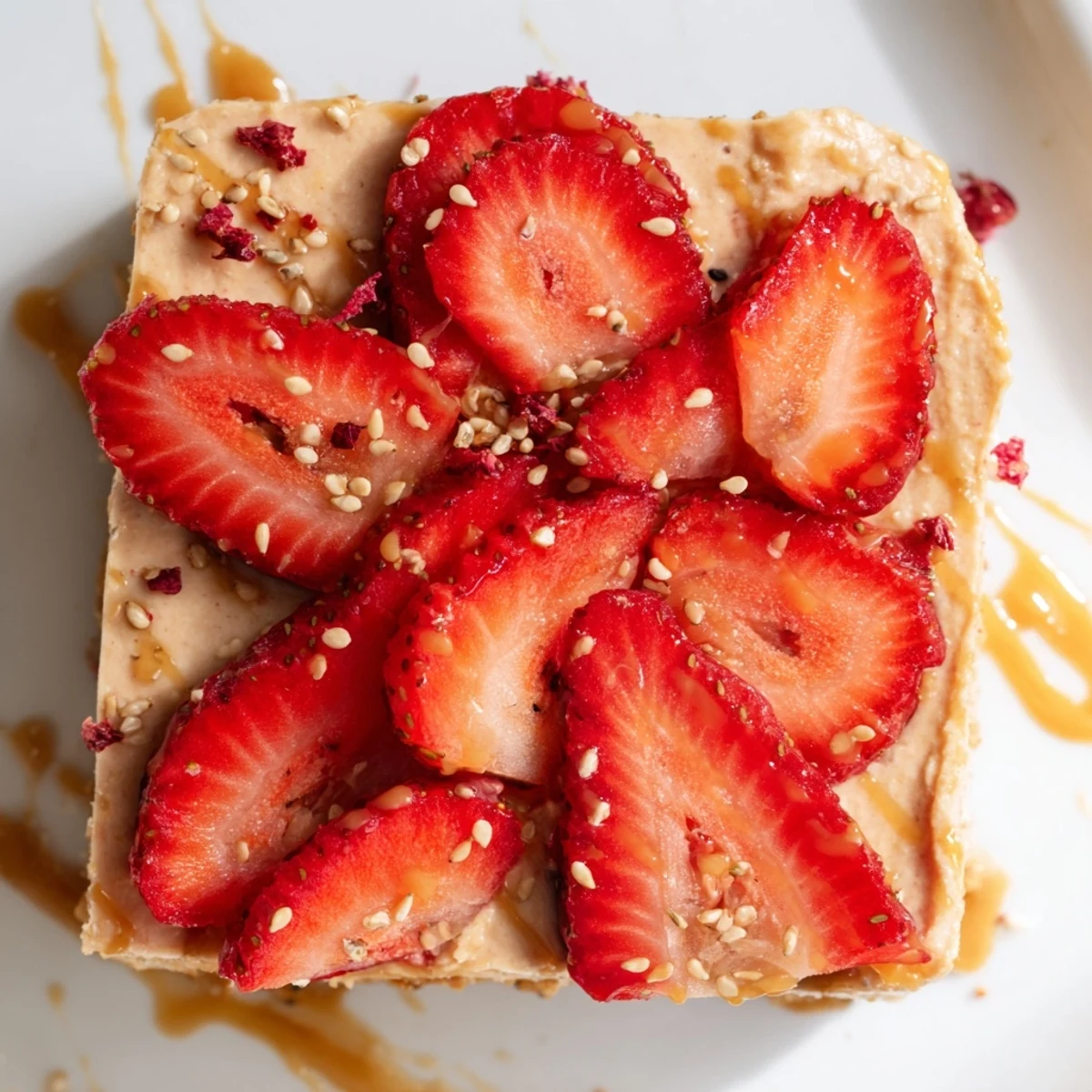 Close-up side angle on a cut square of Strawberry Tahini Sweet Treat Bars showing a creamy strawberry filling and nutty oat base.