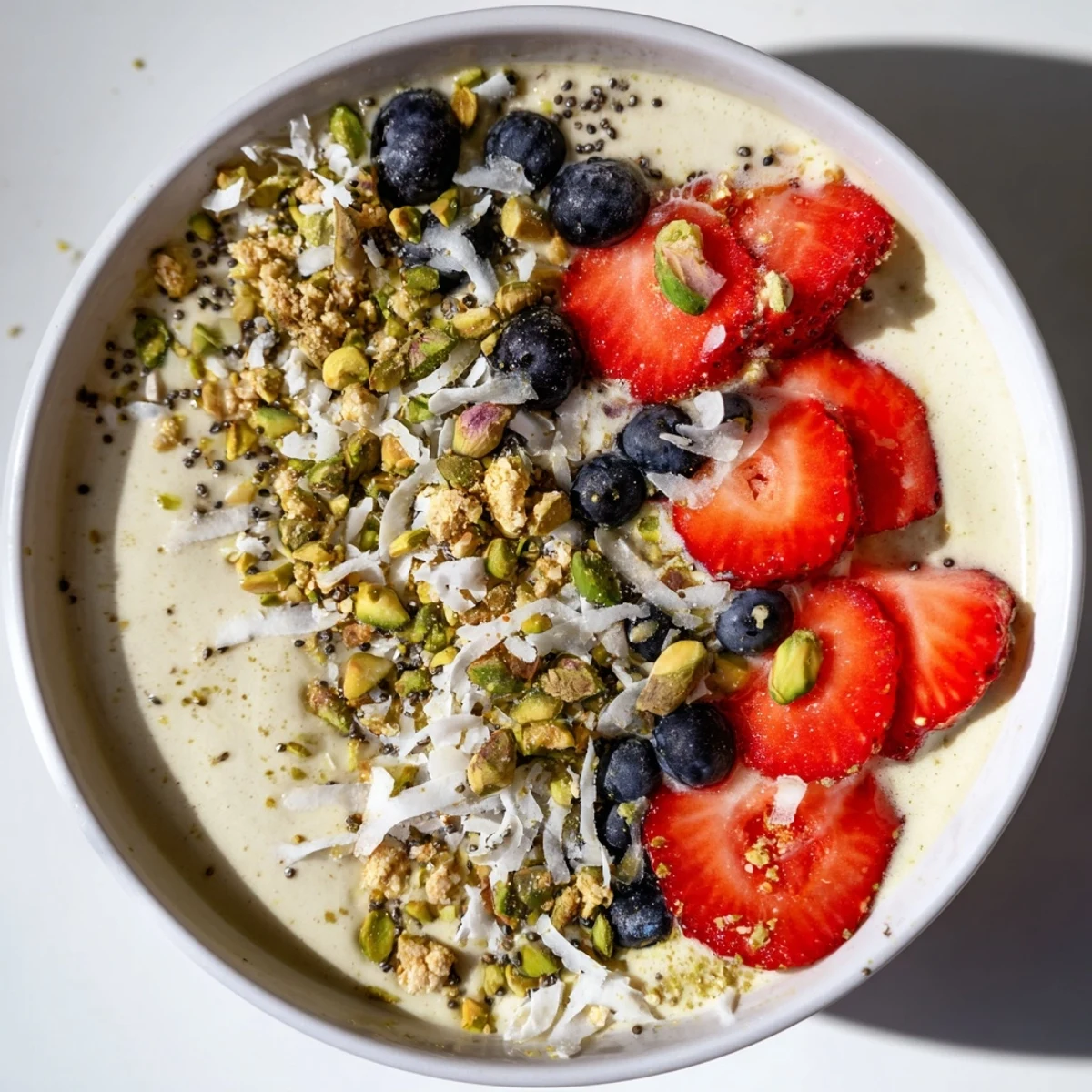 Creamy pistachio matcha breakfast bowl topped with fresh strawberries, blueberries, and crunchy granola for a vibrant morning meal.