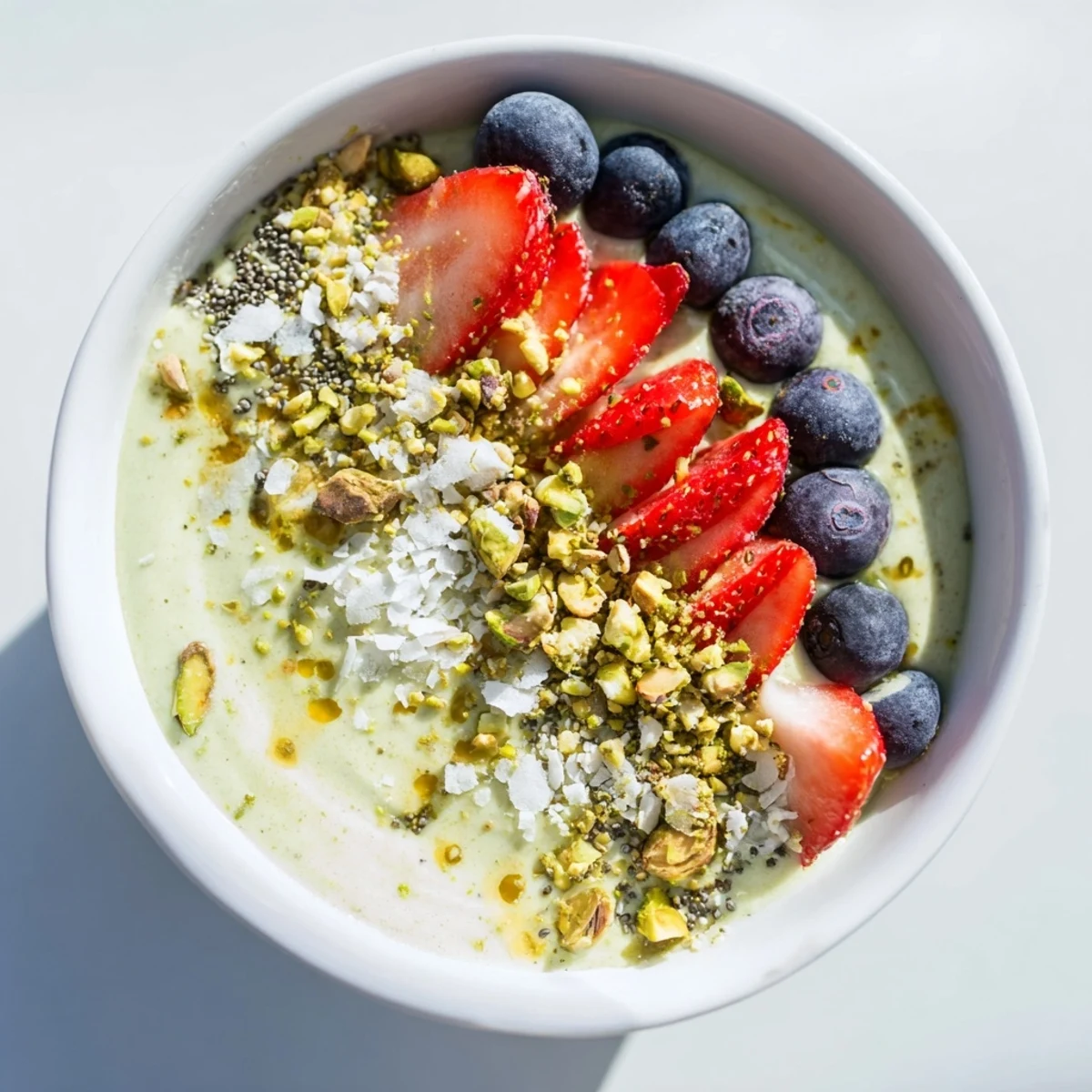 A nourishing pistachio matcha breakfast bowl with honey drizzle and fresh berries, perfect for an energizing easy breakfast.